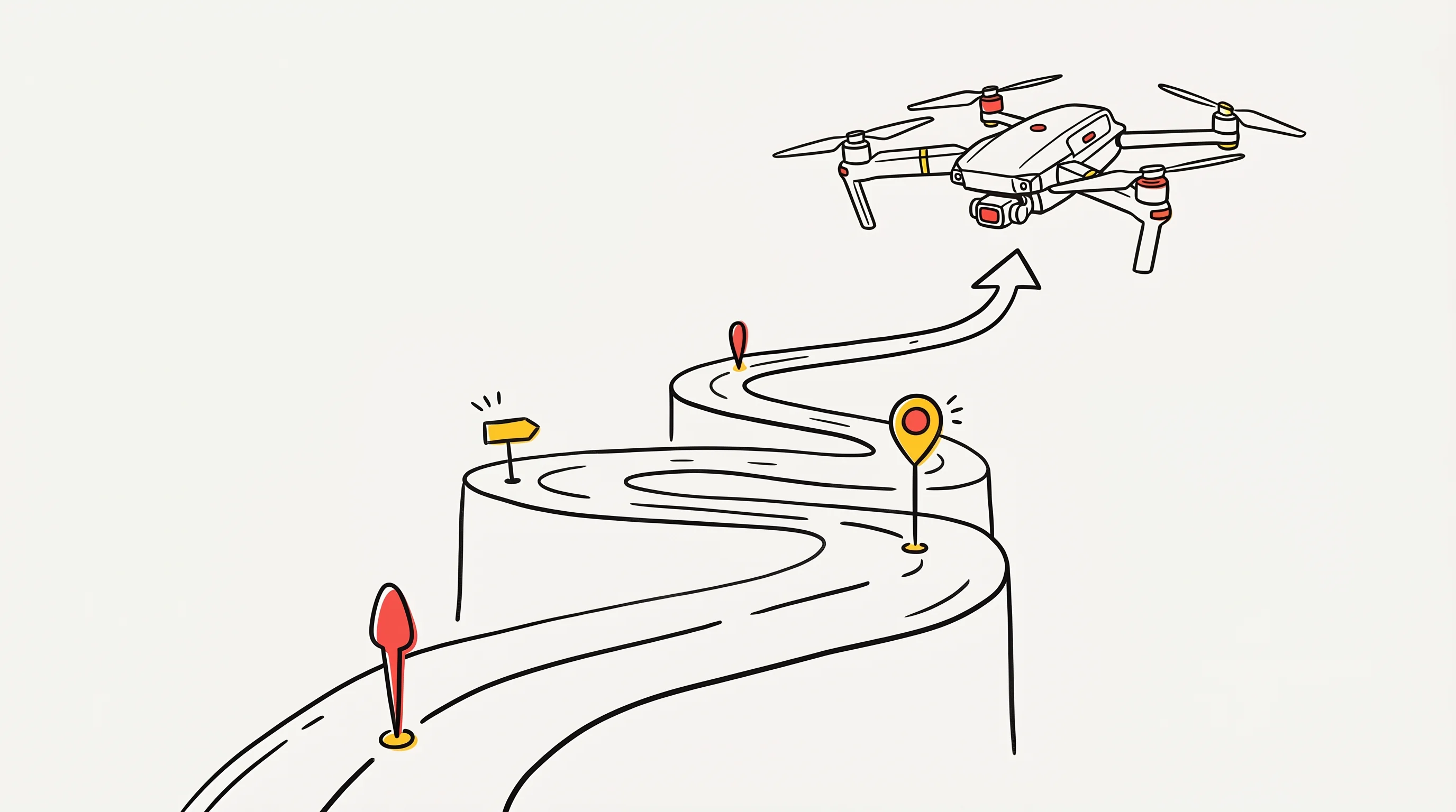Digital illustration for article section "The Roadmap, and the Reference Drone" in "Hyfix Raises $15M Seed to Challenge DJI With US-Made Drone Chips" - A minimalist, conceptual illustration of a winding roadmap ascending toward a sleek, modern referenc...
