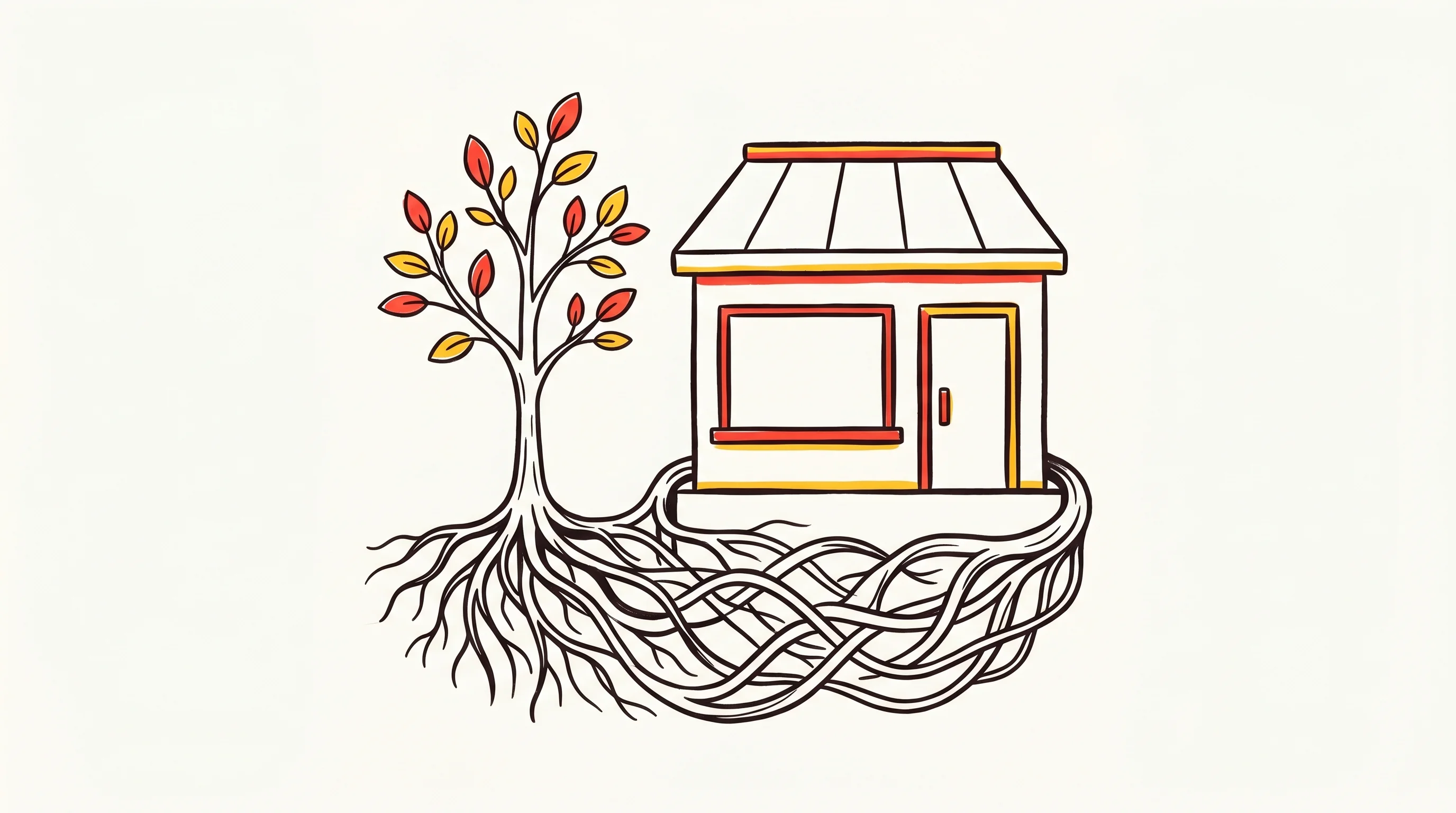 Digital illustration for article section "A Company Tied to Its Roots" in "Hyfix Raises $15M Seed to Challenge DJI With US-Made Drone Chips" - A conceptual, minimalist illustration of a young, growing sapling with deep, interwoven roots wrappi...