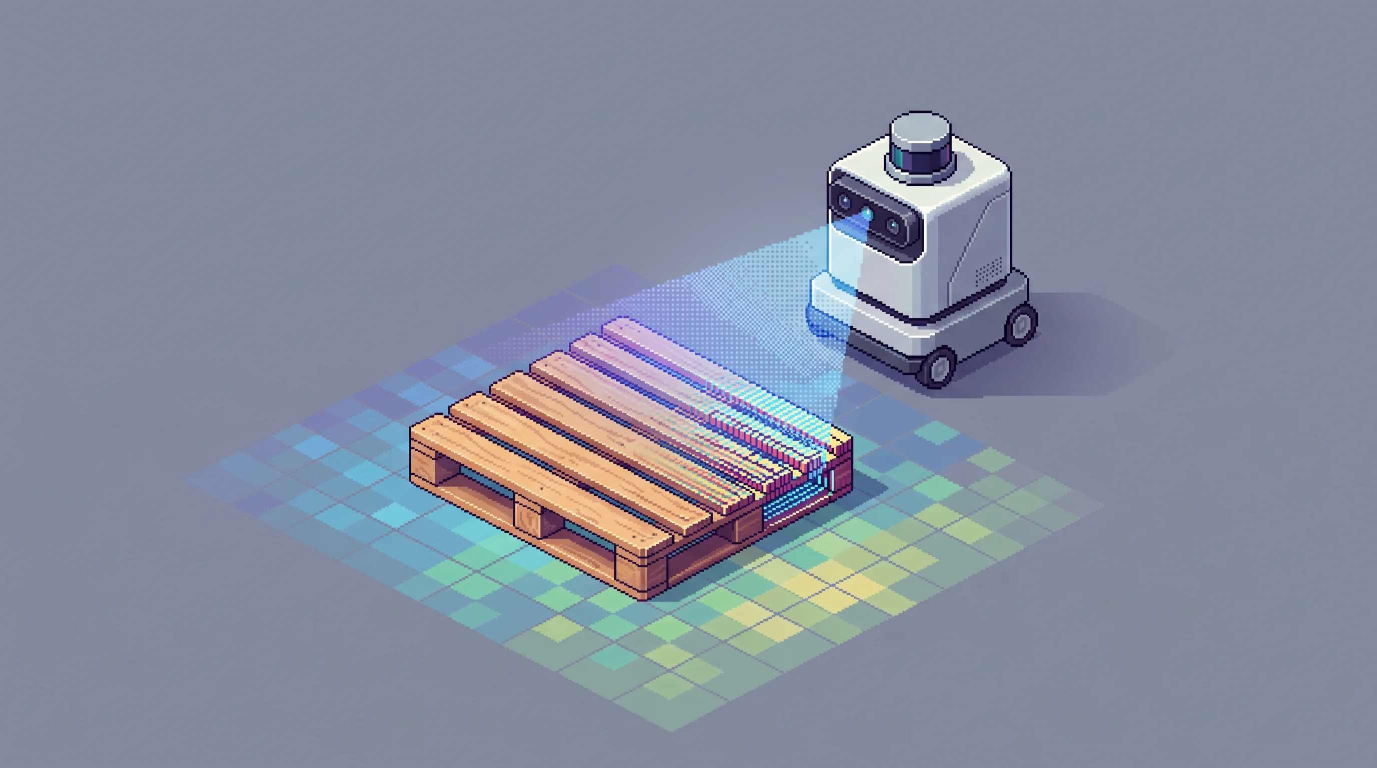 Digital illustration for article section "Software Stack and Safety Claims" in "Thoro Launches CoreFlex: Modular Autonomy Platform for Industrial OEMs" - An isometric view of a minimalist robotic sensor system actively scanning a standard wooden pallet o...