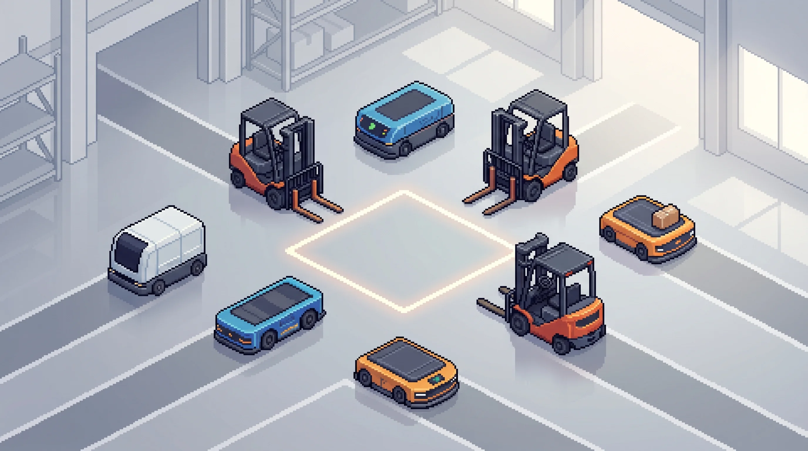Digital illustration for article section "A Crowded Field" in "Thoro Launches CoreFlex: Modular Autonomy Platform for Industrial OEMs" - An isometric pixel art illustration of a modern, clean warehouse environment representing a crowded ...