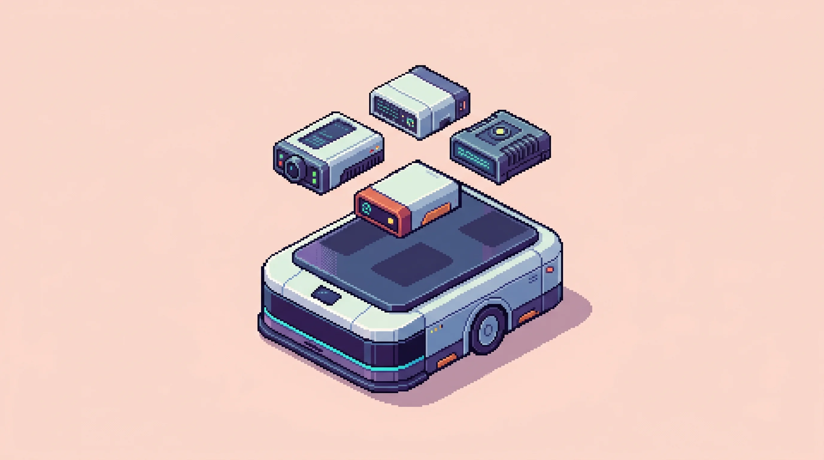 Digital illustration for article section "The 2027 Test" in "Thoro Launches CoreFlex: Modular Autonomy Platform for Industrial OEMs" - A clean and minimal isometric pixel art illustration of a sleek, modern Autonomous Mobile Robot (AMR...