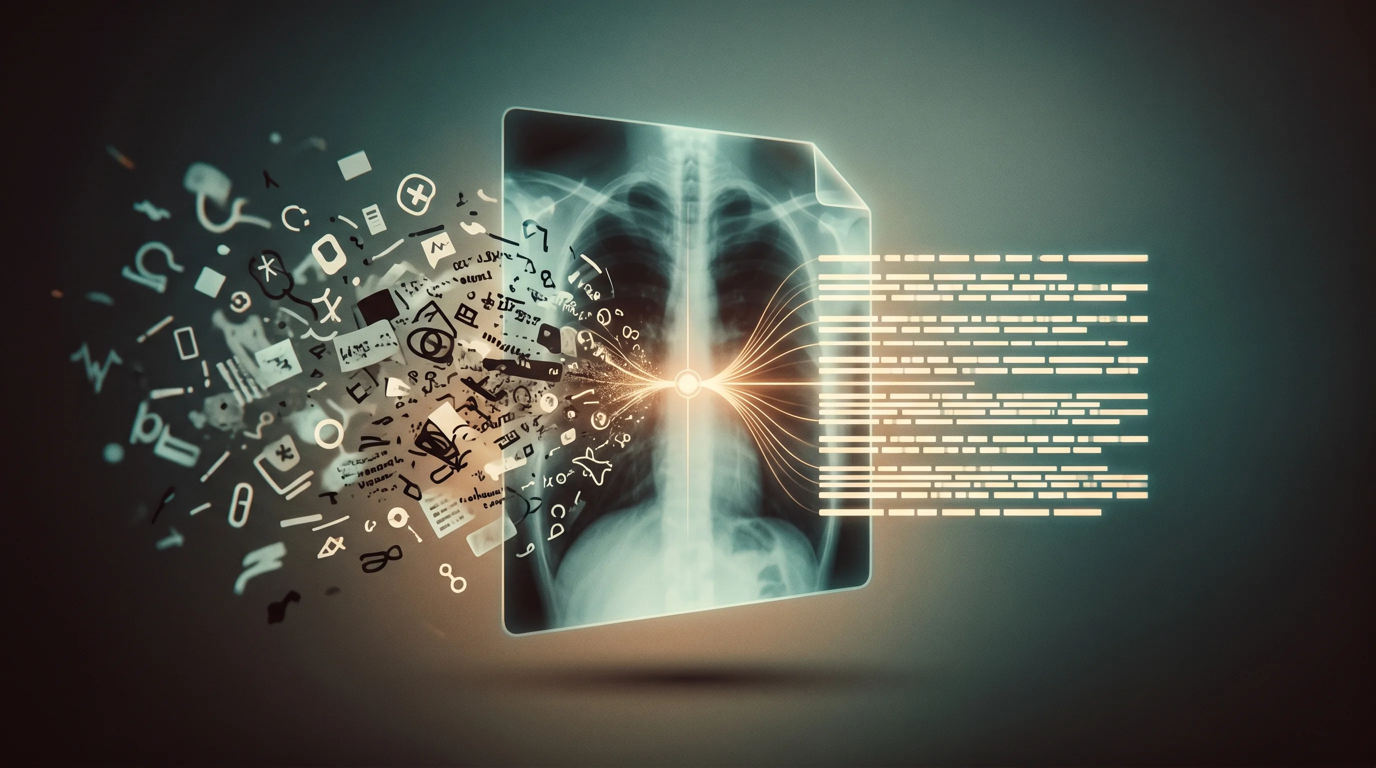 Digital illustration for article section "The Unstructured Data Bet" in "Keebler Health Raises $16M for AI Medicare Risk Adjustment Platform" - A conceptual and minimal visual representation of unstructured clinical data transforming into struc...