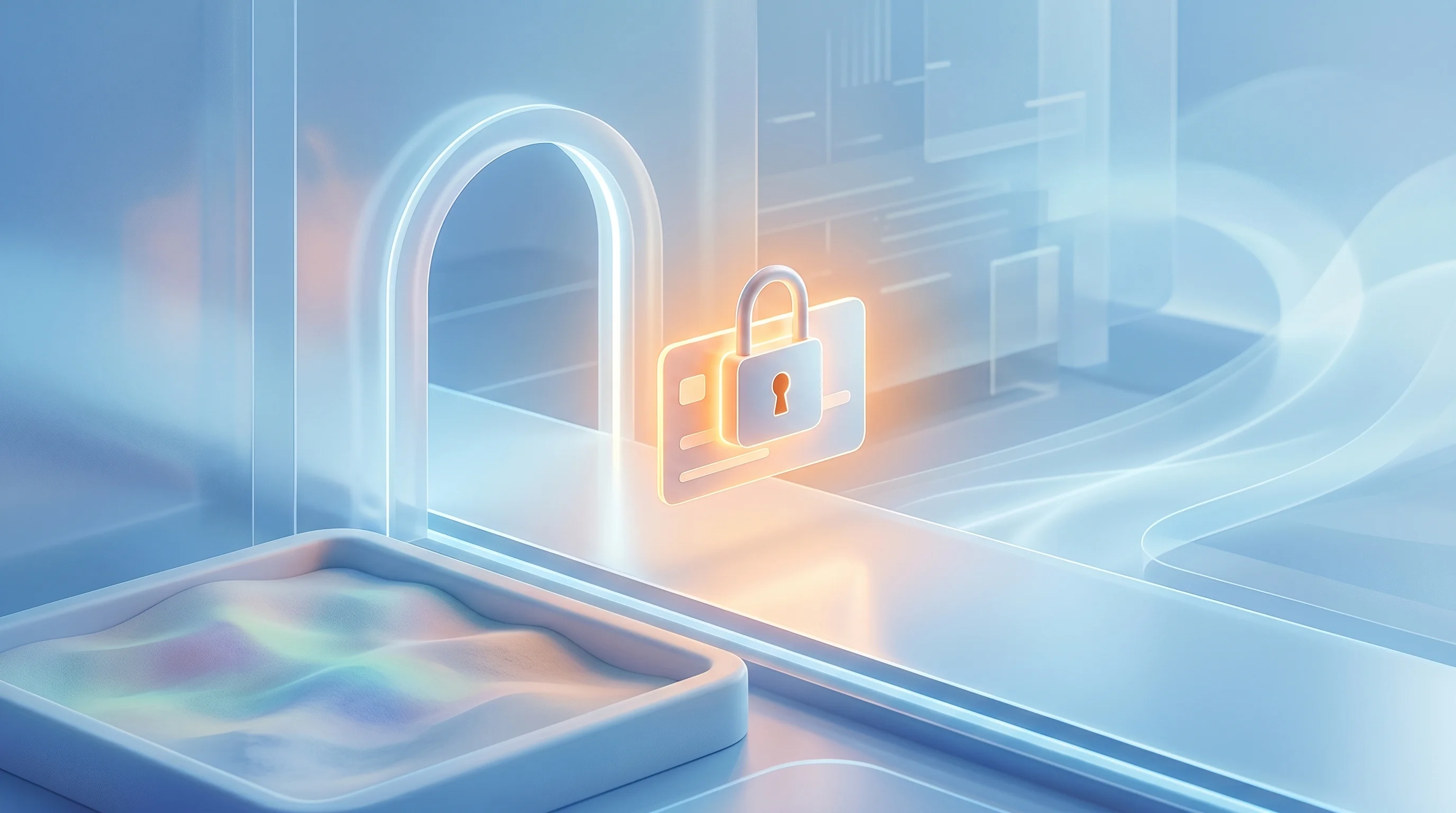 Digital illustration for article section "What's Shipping, What's Promised" in "SolvaPay Raises €2.4M to Build Payment Rails for AI Agent Commerce" - A minimalist, conceptual 3D illustration of a sleek, modern gateway seamlessly transitioning from a ...