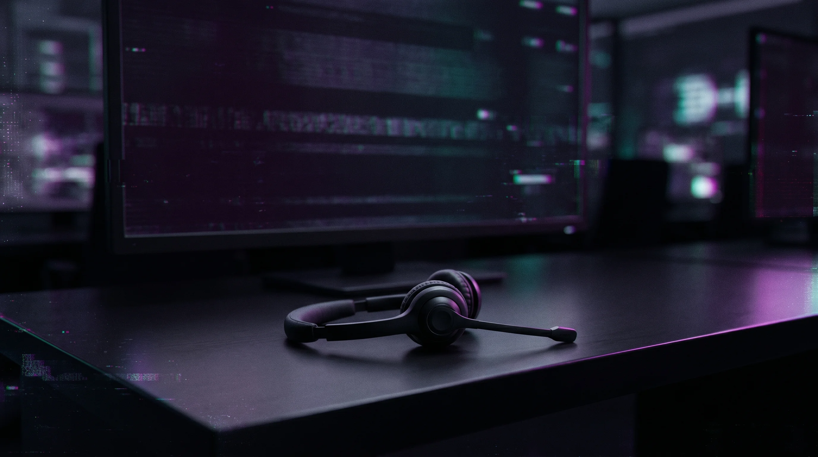 Digital illustration for article section "The Staffing Crisis No One Talks About" in "Vox Talk AI's 'Annie' Automates Alarm Response with €1.35M Raise" - A solitary, modern communication headset resting on an empty, sleek monitoring desk, serving as a po...