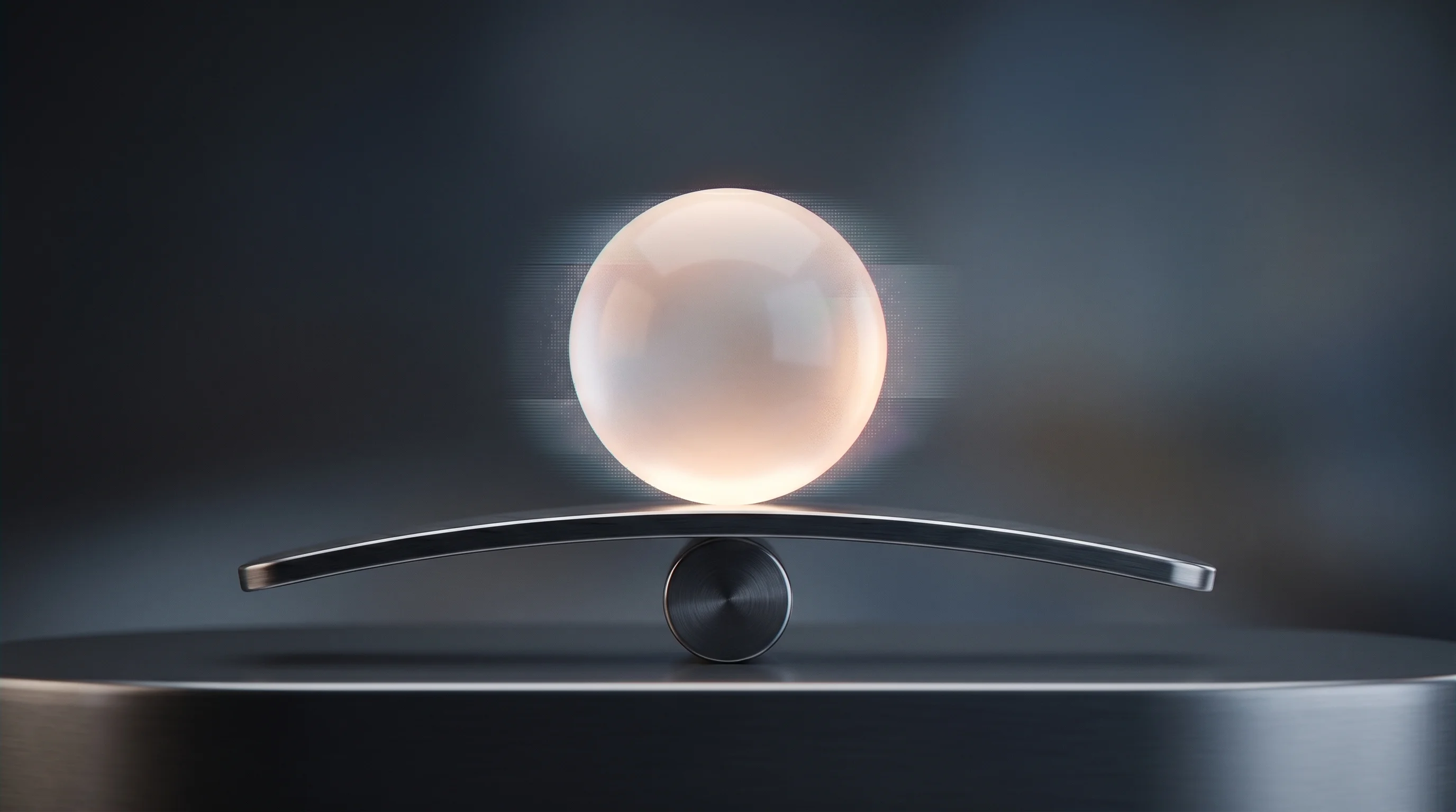Digital illustration for article section "The ROI Question" in "Vox Talk AI's 'Annie' Automates Alarm Response with €1.35M Raise" - A sleek, minimalist abstract balancing fulcrum made of polished dark metal, perfectly holding a sing...
