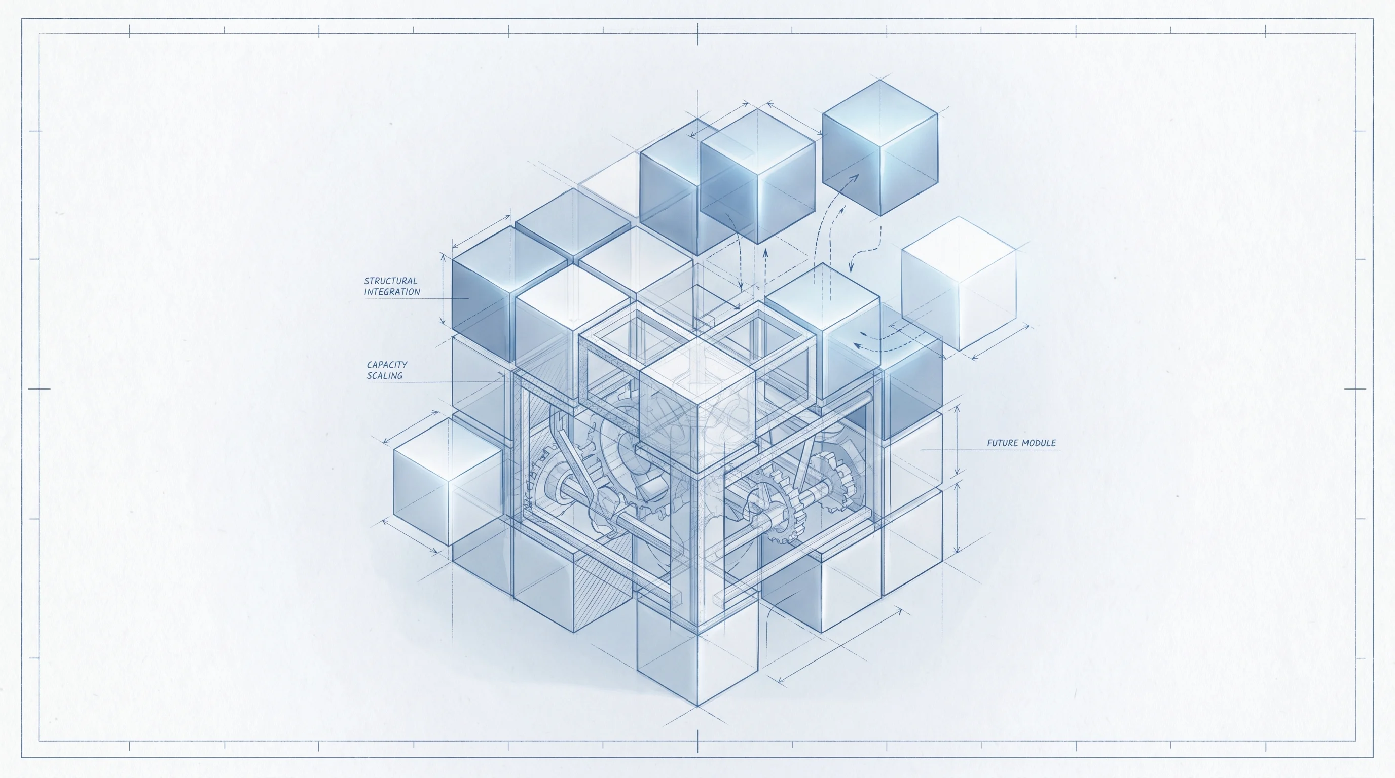 Digital illustration for article section "What Comes Next" in "Joyful Health Raises $17M to Recover Billions in Unpaid Claims" - A clean, minimalist conceptual image of an abstract 3D geometric structure representing organization...