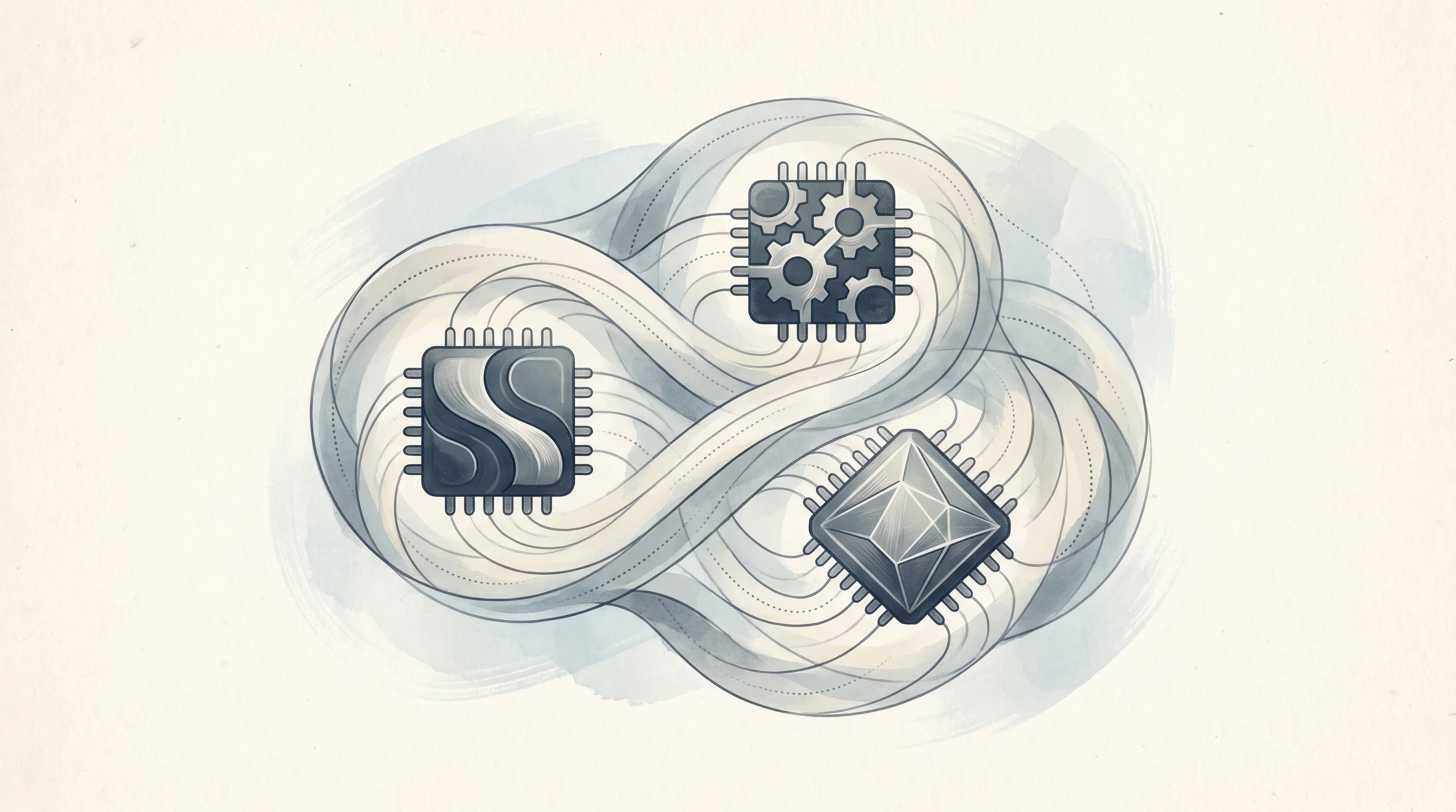 Digital illustration for article section "Mixing Hardware, Chasing Throughput" in "Japan's ai& Raises $50M Seed to Build Full-Stack AI Infrastructure" - An abstract, conceptual illustration representing a disaggregated compute architecture, featuring th...