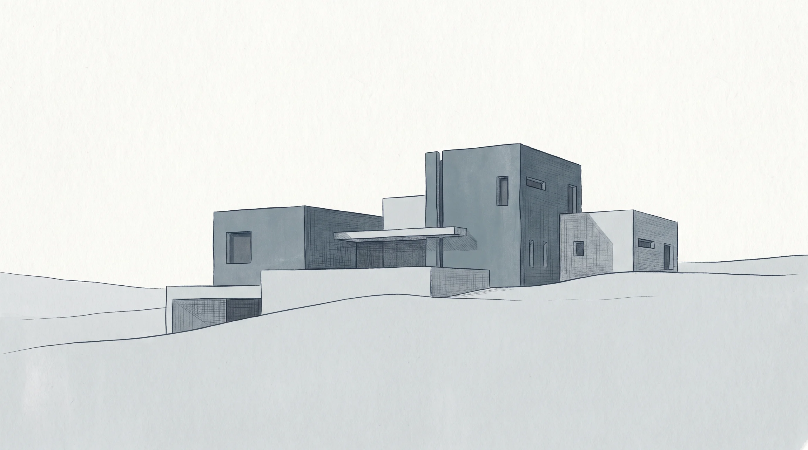 Digital illustration for article section "The Infrastructure Buildout" in "Japan's ai& Raises $50M Seed to Build Full-Stack AI Infrastructure" - A minimalist architectural illustration of a sprawling, modern data center campus rising gracefully ...
