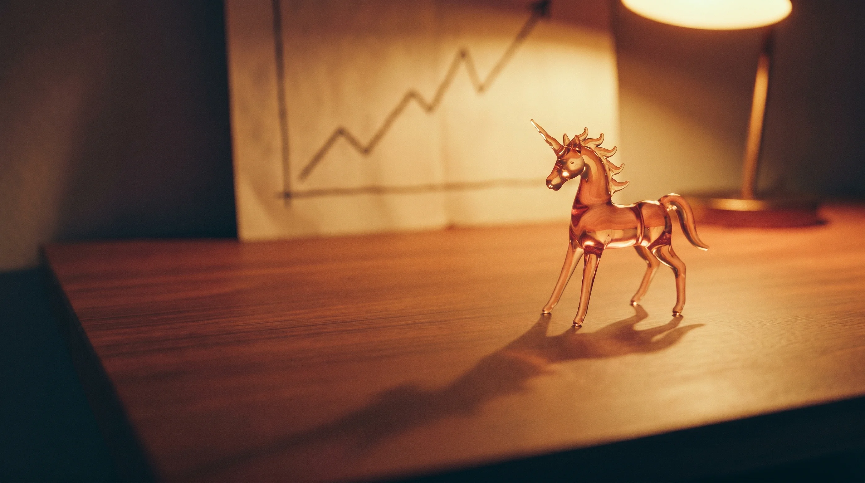 Digital illustration for article section "Follow the Capital" in "The AI Orchestration Wars: Open Source Upstarts Challenge Tech Giants" - A clean, minimalist composition featuring a beautifully crafted, translucent glass unicorn figurine ...