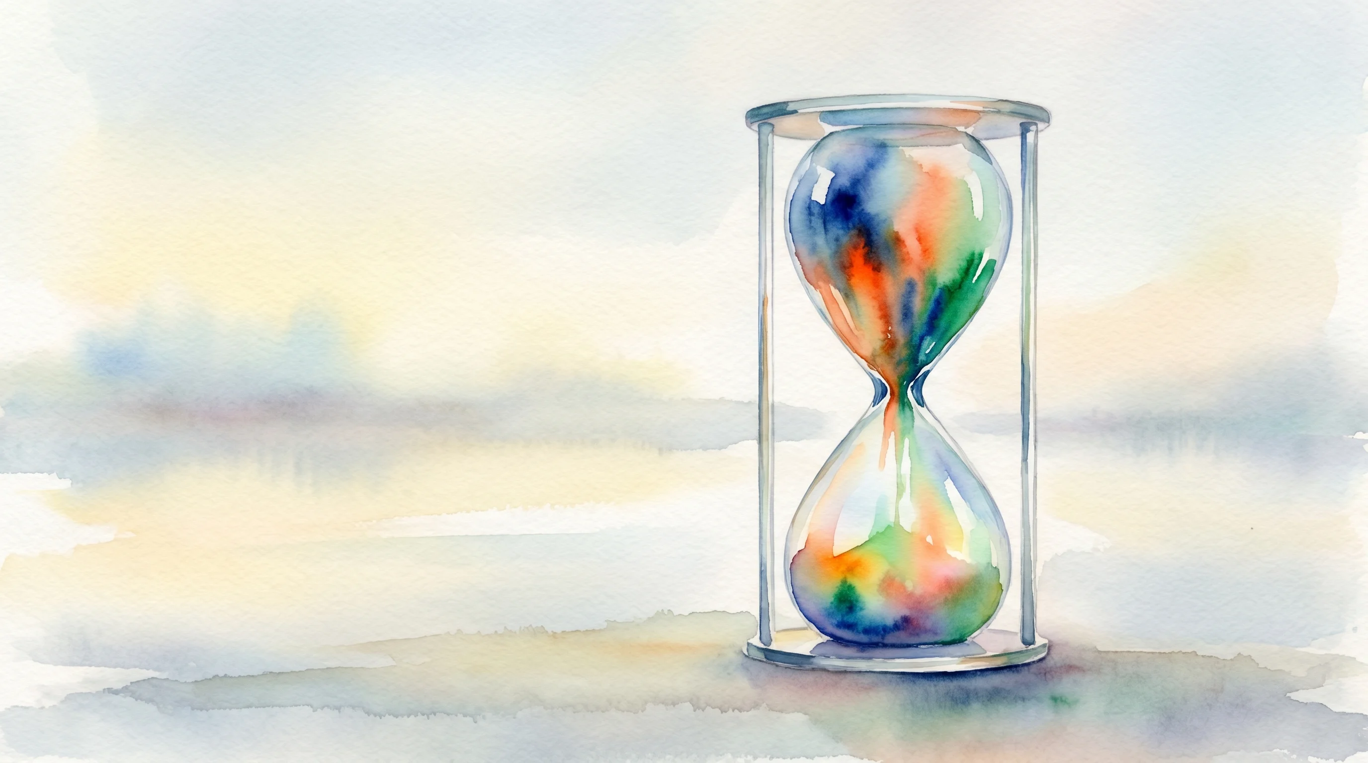 Digital illustration for article section "The Year-End Test" in "Sabi's Thought-Controlled Beanie Lets You Type With Your Mind" - A clean, minimalist composition featuring a sleek, modern hourglass resting on an uncluttered surfac...