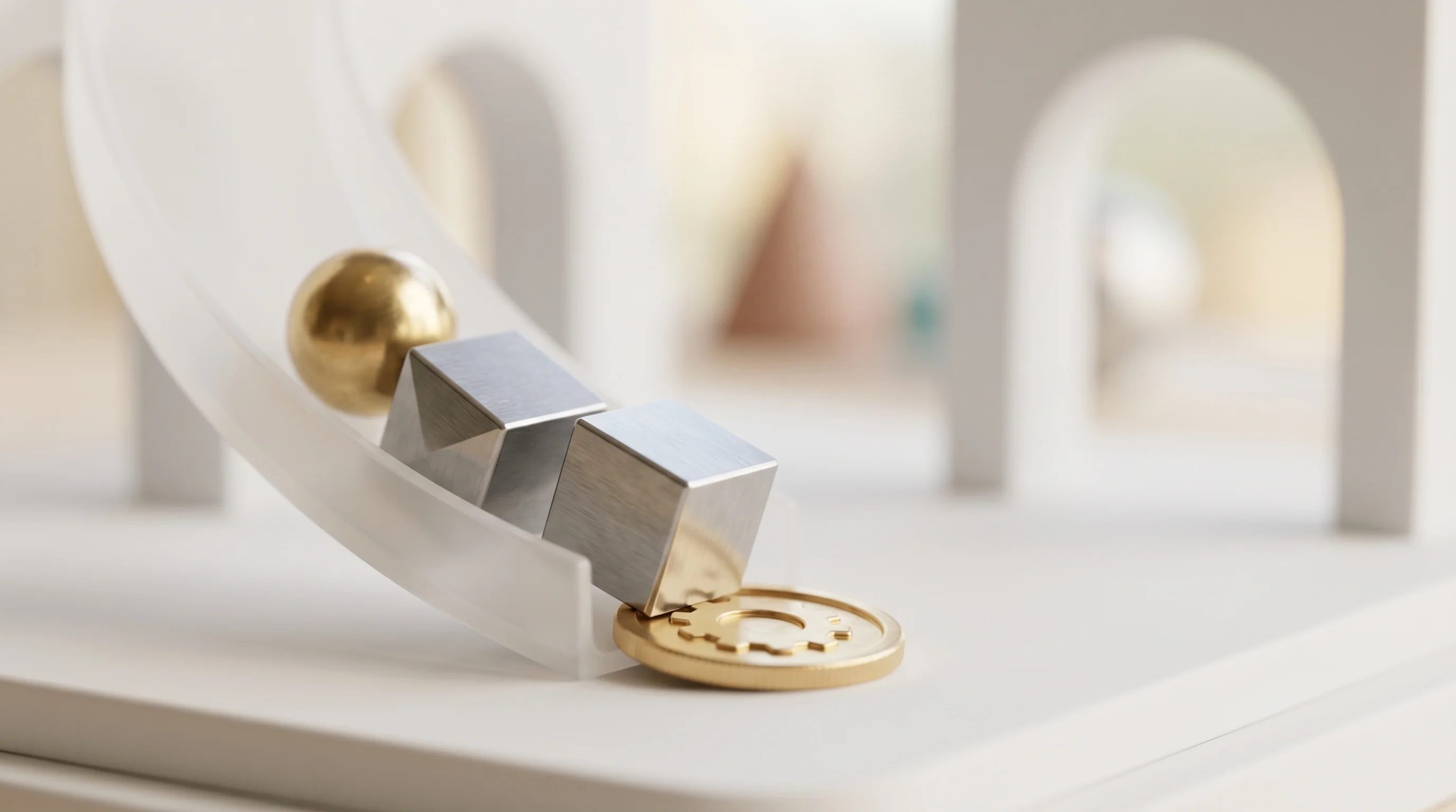 Digital illustration for article section "Three Converging Forces" in "Darkbloom Turns Idle Macs Into Private AI Inference Network" - A surreal, miniature world macro photograph conceptually illustrating three converging economic forc...