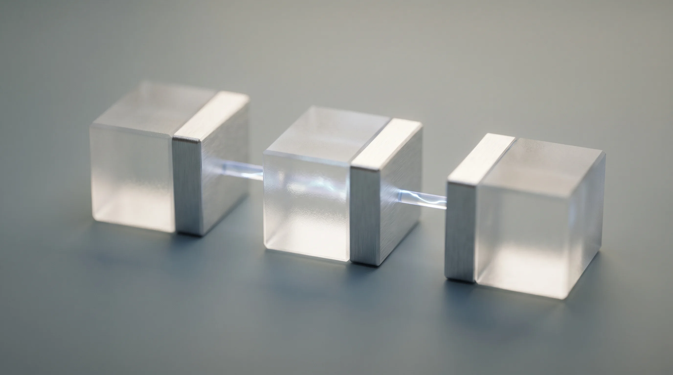 Digital illustration for article section "Three Tensions That Will Decide the Outcome" in "Darkbloom Turns Idle Macs Into Private AI Inference Network" - A macro, tilt-shift photograph of three minimalist frosted glass and brushed aluminum blocks resting...