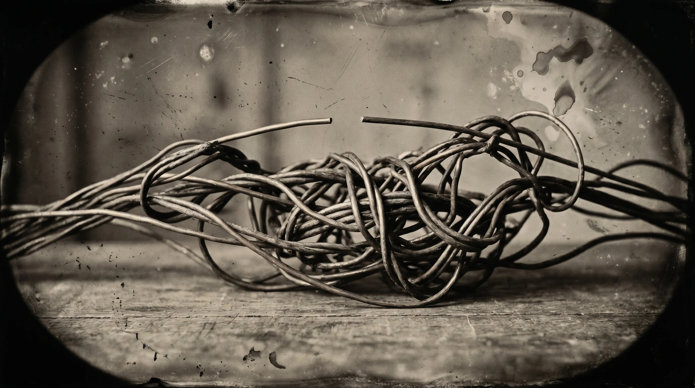 Digital illustration for article section "Where Wires May Have Crossed" in "The Mystery of 'Pulsar Spaces': When Product Launches Vanish" - A conceptual and minimalist still-life capturing the theme of crossed wires and a crowded landscape ...