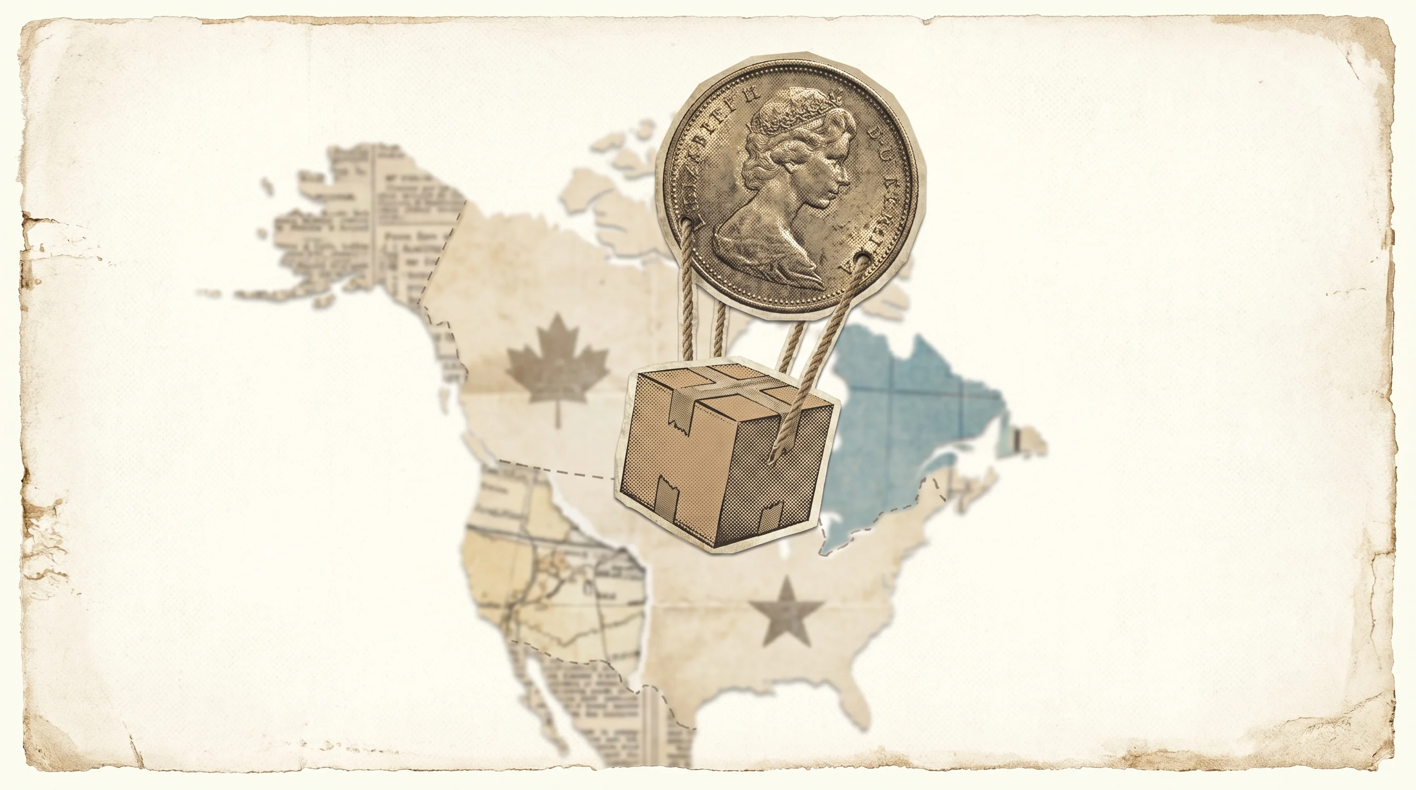 Digital illustration for article section "Expanding Beyond Canada" in "Marlow Raises $1.9M to Scale Lubricated Tampon Innovation" - A clean, minimalist vintage collage conceptualizing business expansion from Canada to the U.S., feat...