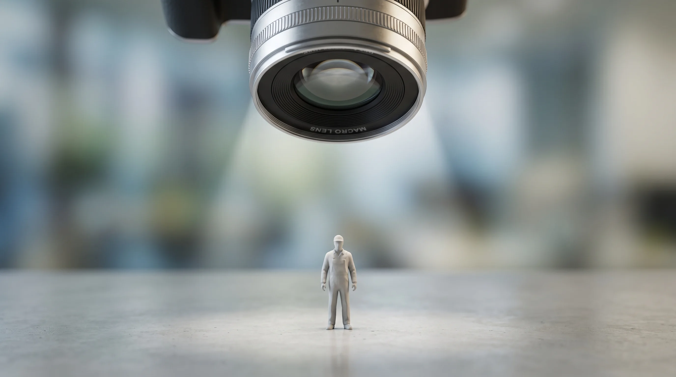 Digital illustration for article section "What's Really at Stake" in "An AI Got a $100K Budget and a Lease—Now It's Running a Real Store" - A conceptual, tilt-shift macro photograph depicting the power dynamics of automated surveillance and...