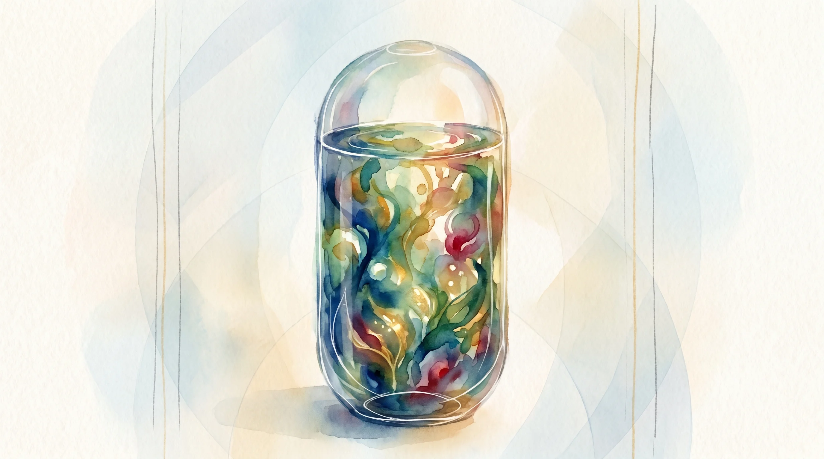 Digital illustration for article section "Beyond Algae" in "Intrinsic Foundries Raises $1.3M to Turn CO2 into Biochemicals" - A conceptual and minimalist illustration of a sleek, modern glass bioreactor vessel containing a vib...