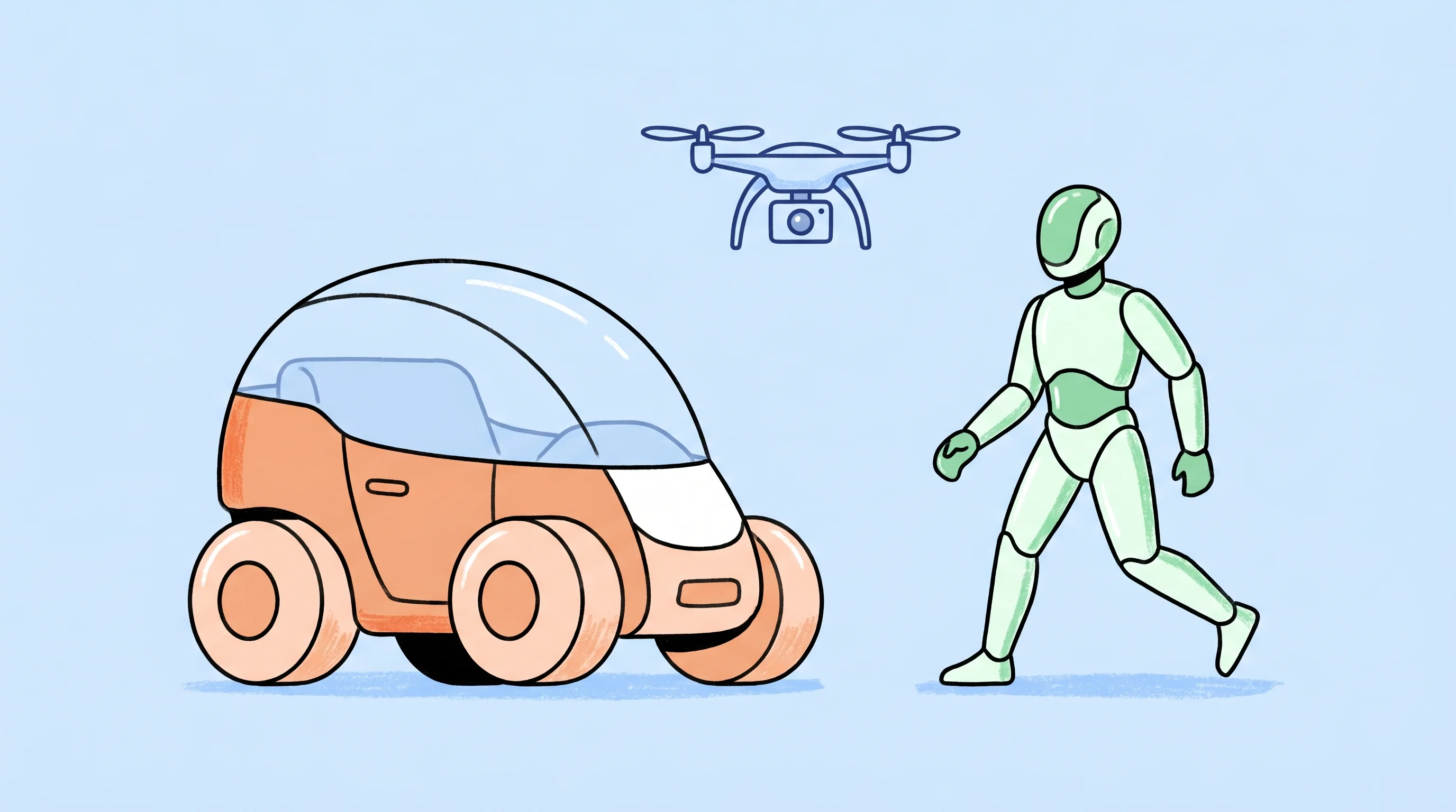 Digital illustration for article section "Engineers Who Taught Cars to Drive, Now Teaching Robots to Walk" in "Chinese Robotics Startup TARS Raises Record $455M Pre-A Round" - A clean, minimalist conceptual illustration depicting the evolution of intelligent mobility, featuri...