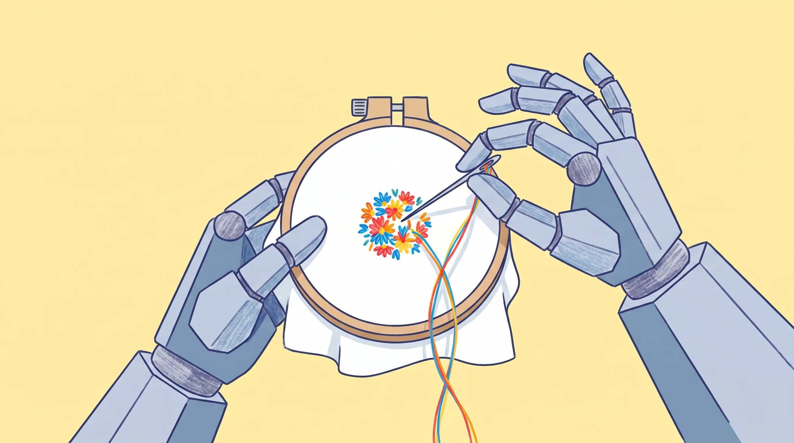 Digital illustration for article section "Embroidery as Proof of Concept" in "Chinese Robotics Startup TARS Raises Record $455M Pre-A Round" - A minimalist, conceptual illustration focusing on a pair of sleek, modern robotic hands delicately h...