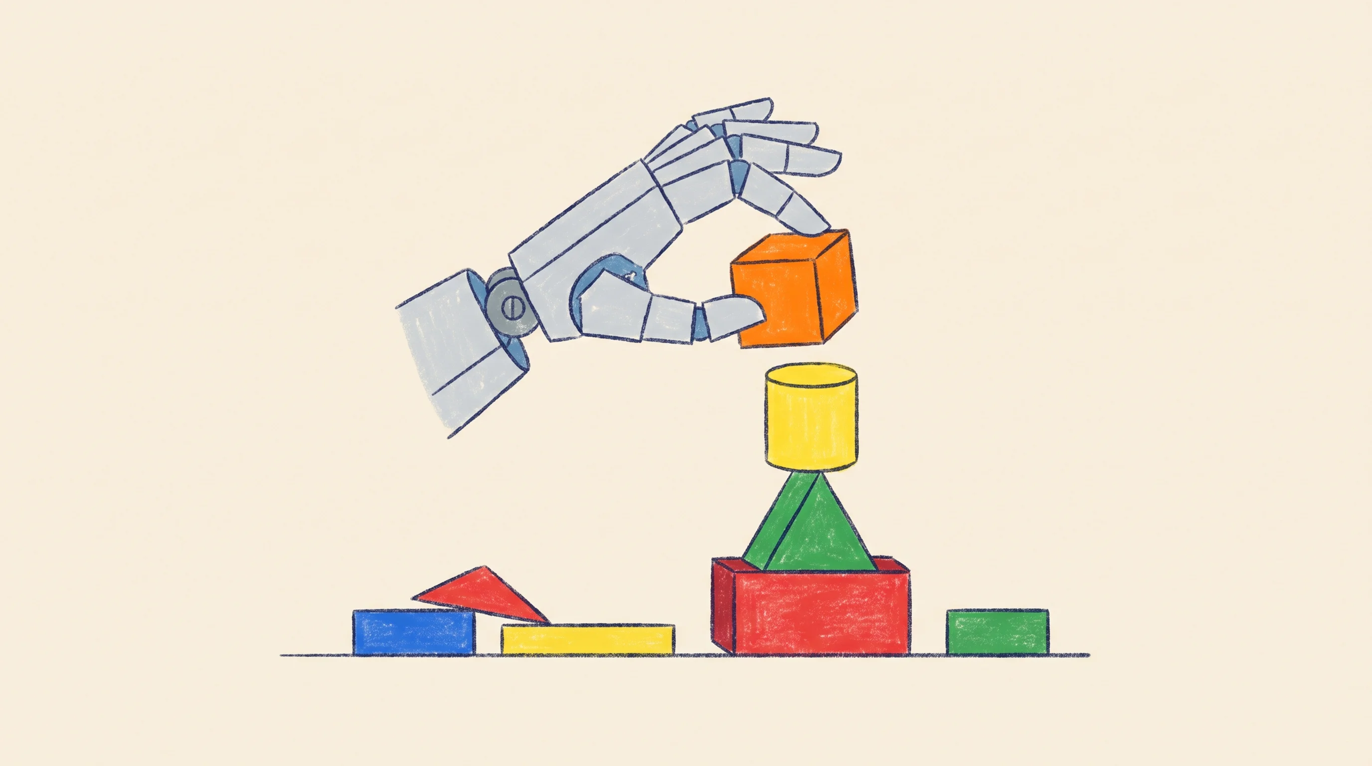 Digital illustration for article section "What the Money Buys" in "Chinese Robotics Startup TARS Raises Record $455M Pre-A Round" - A conceptual, minimalist illustration of a simplified robotic hand delicately stacking a series of b...