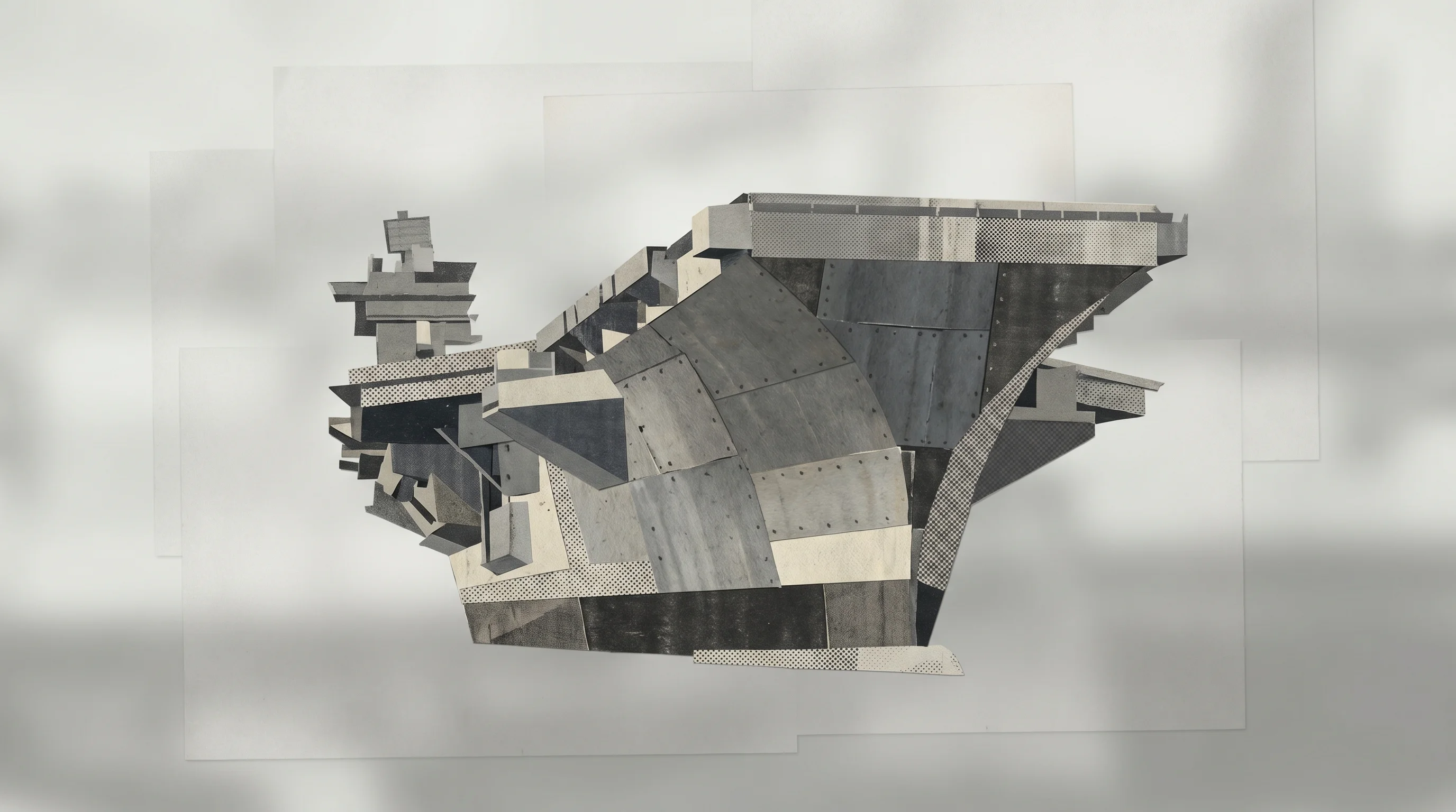 Digital illustration for article section "When the Customer Builds Warships" in "Path Robotics' AI Welder Goes Mobile with Shipyard Partnerships" - A towering, minimalist representation of a massive naval warship hull under construction, focusing o...