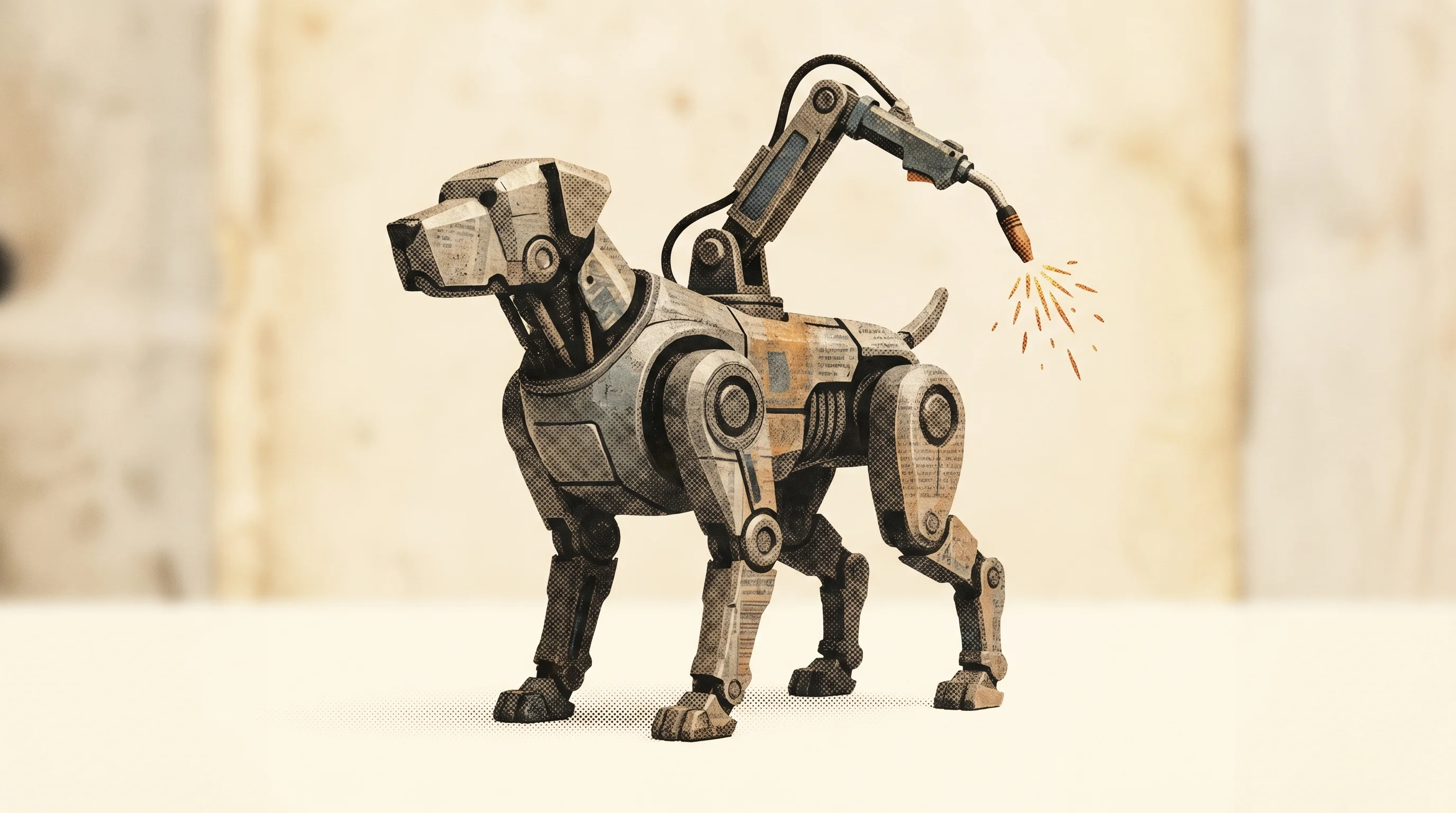 Digital illustration for article section "The Robot That Walks" in "Path Robotics' AI Welder Goes Mobile with Shipyard Partnerships" - A quadruped industrial robot equipped with a sleek welding arm stands as the strong, singular focal ...