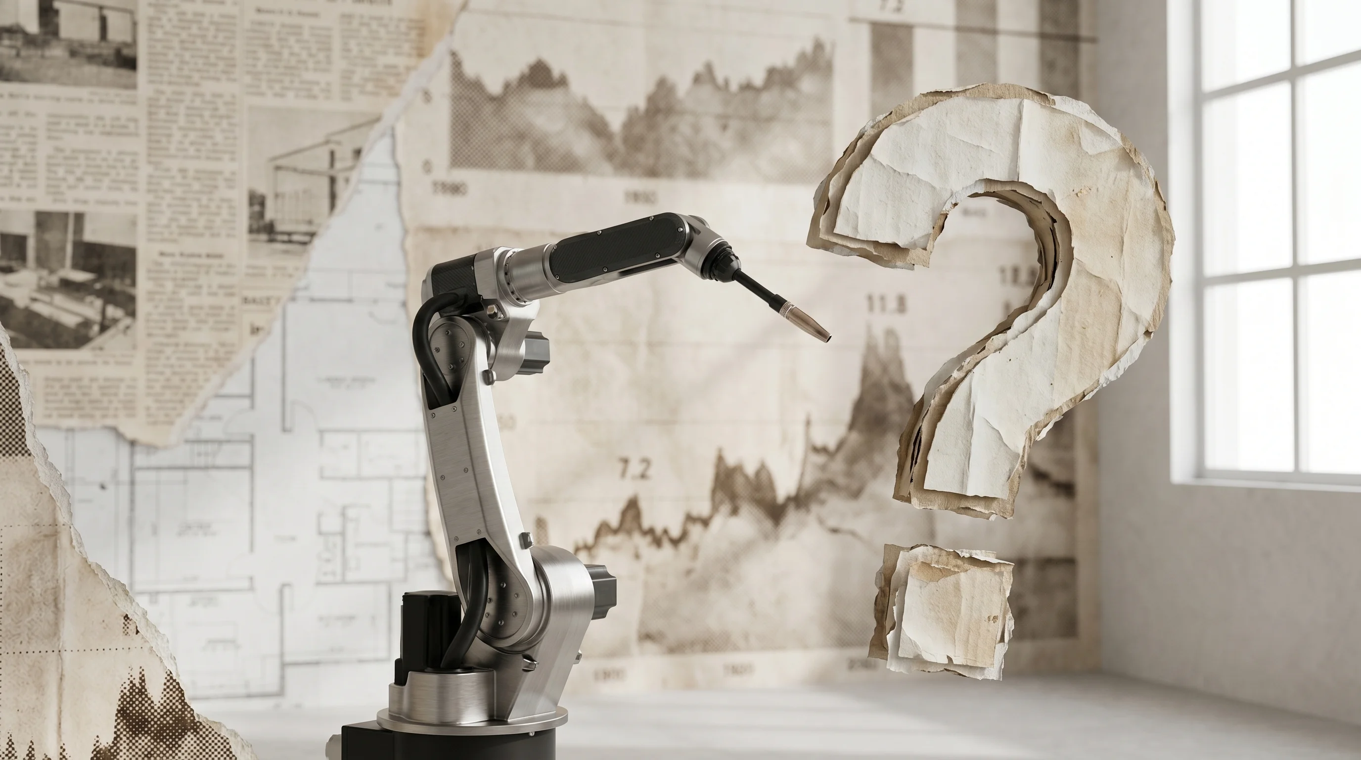 Digital illustration for article section "Questions the Industry Keeps Asking" in "Path Robotics' AI Welder Goes Mobile with Shipyard Partnerships" - A conceptual, modern image featuring a single, sleek robotic welding arm poised thoughtfully next to...