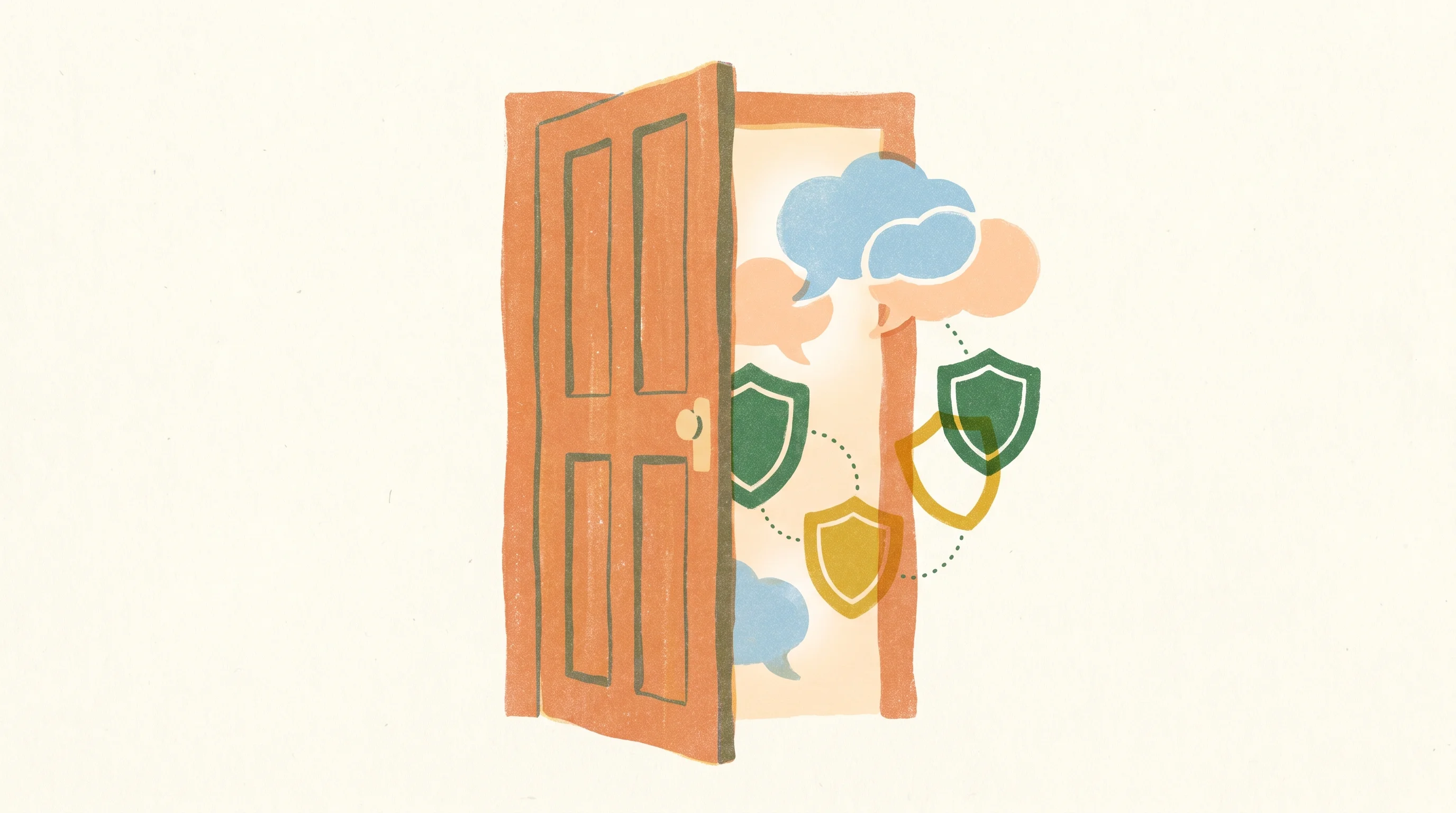 Digital illustration for article section "Entering a Room That's Already Talking" in "LabEx's AI-Powered Cyber Training Takes On Skills Gap" - A clean and minimal conceptual illustration showing a slightly ajar door opening into a bright, welc...