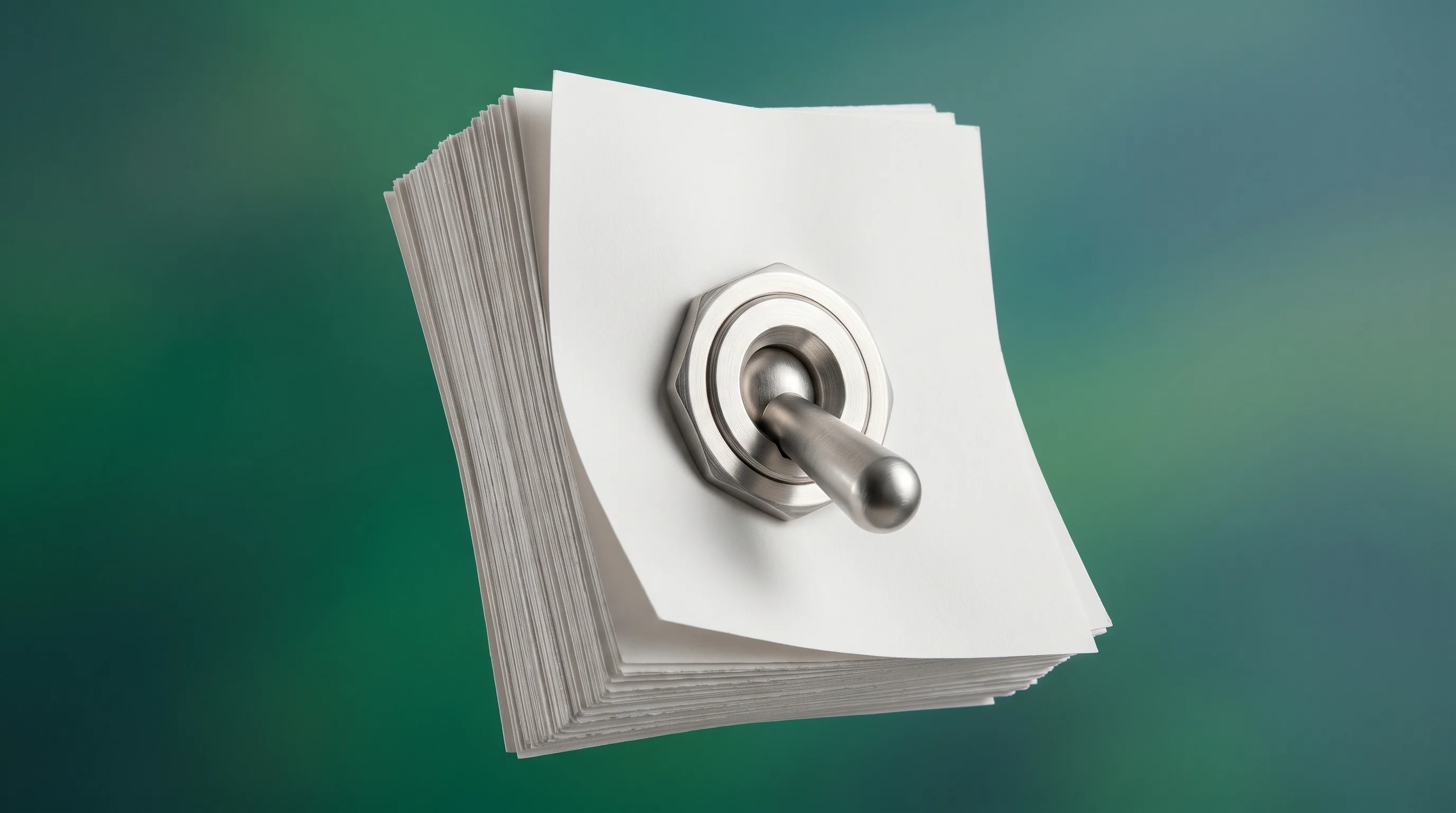 Digital illustration for article section "Manual Override Included" in "YC's Stage Puts Humans Back in Control of AI-Driven Code Review" - A surreal, conceptual representation of manual override and document restructuring, featuring a sing...