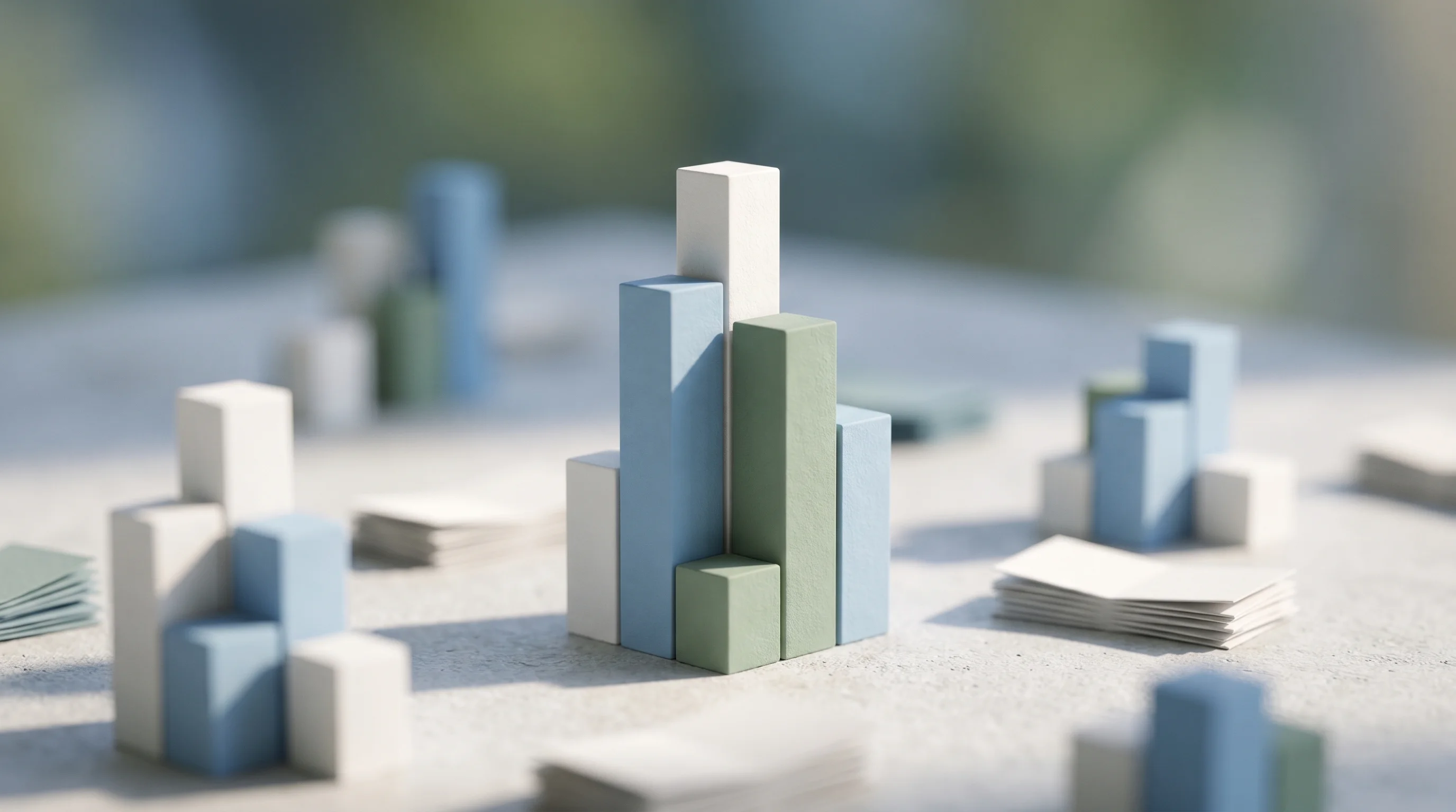 Digital illustration for article section "A Crowded, Growing Market" in "Zenskar Raises $15M Series A for AI-Native Order-to-Cash Platform" - A macro photography shot of a crowded, growing financial market represented by miniature modern bar ...
