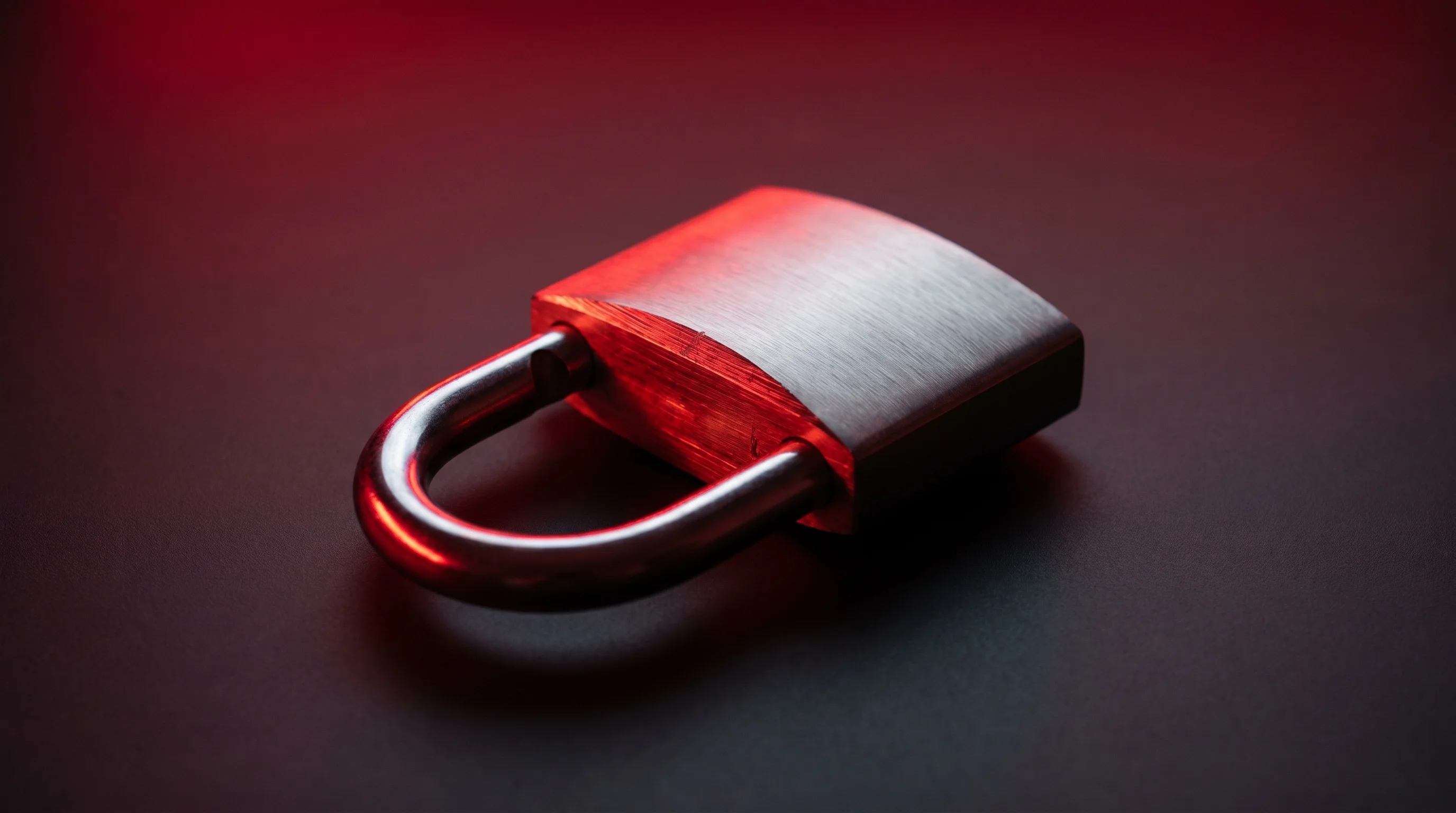 Digital illustration for article section "What It Can't Do" in "PanicLock Brings iOS-Style Biometric Kill Switch to MacBooks" - A clean, minimalist conceptual image of a sleek, modern metallic padlock resting on a smooth, dark s...