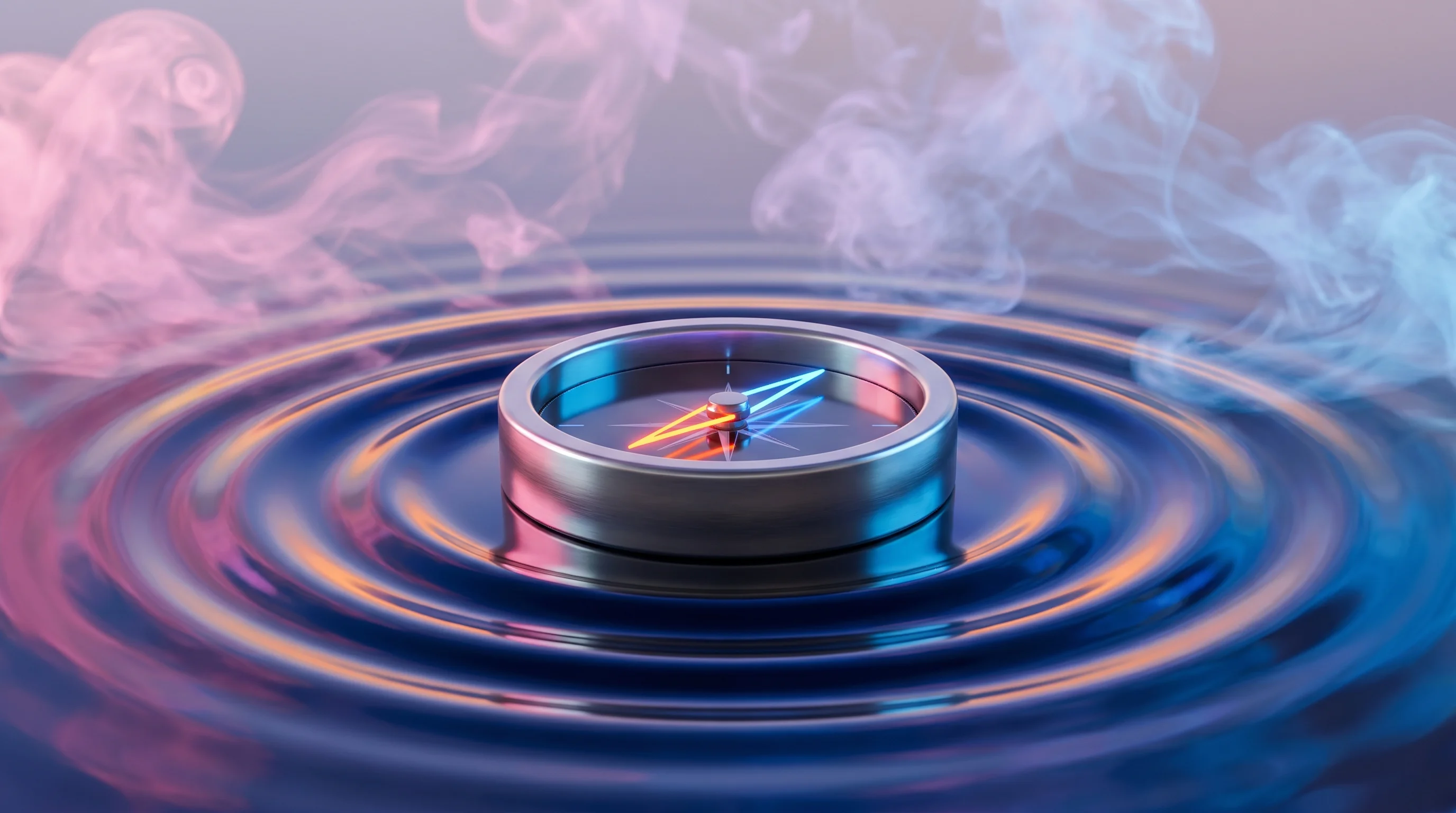 Digital illustration for article section "Expanding the Playbook" in "Miros Deploys Cloud Oil Spill Detection Across Brazil Offshore" - A sleek, minimalist, modern maritime compass resting on a perfectly smooth, glossy surface, with gen...