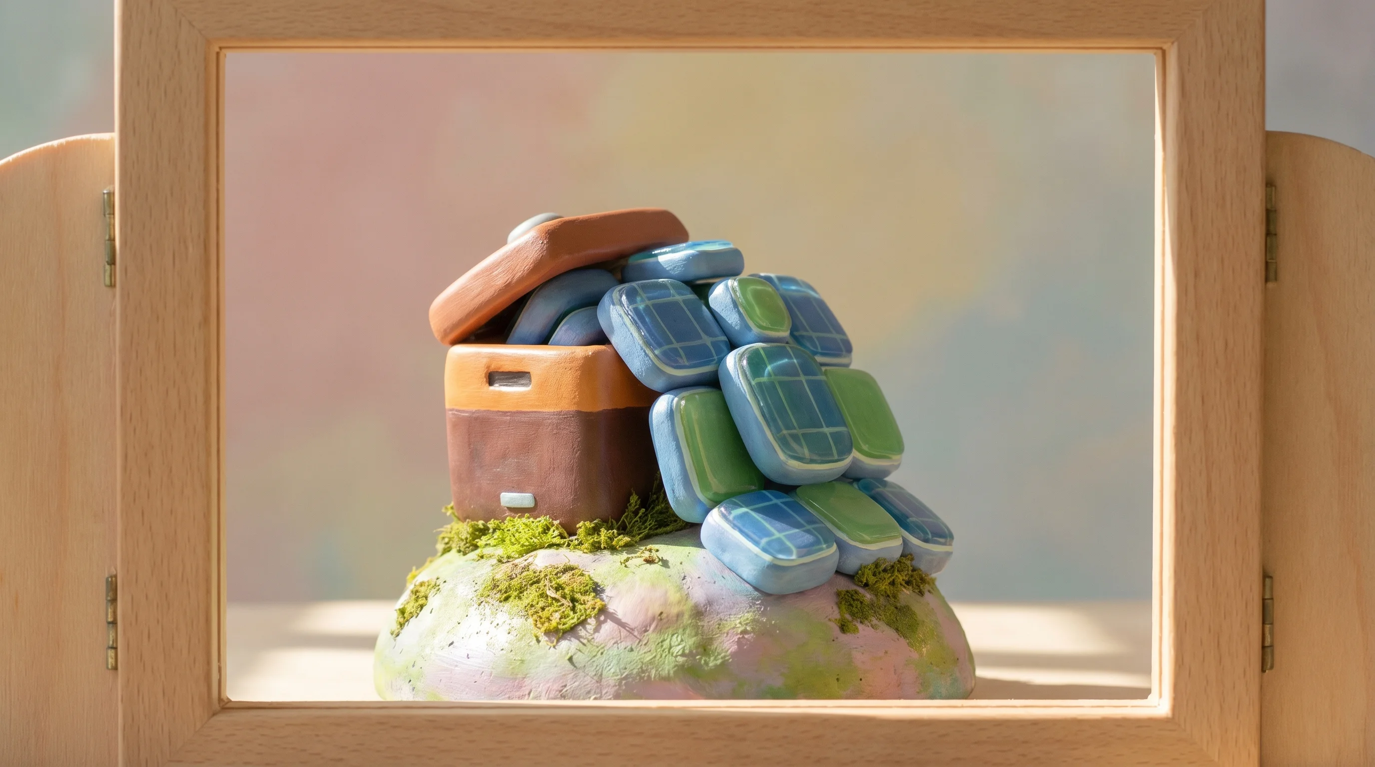 Digital illustration for article section "What's Actually at Stake" in "Tensor Energy Raises $6M to Build Renewable Energy OS for Japan" - A beautifully crafted miniature 3D diorama representing a strained energy grid, featuring a cluster ...