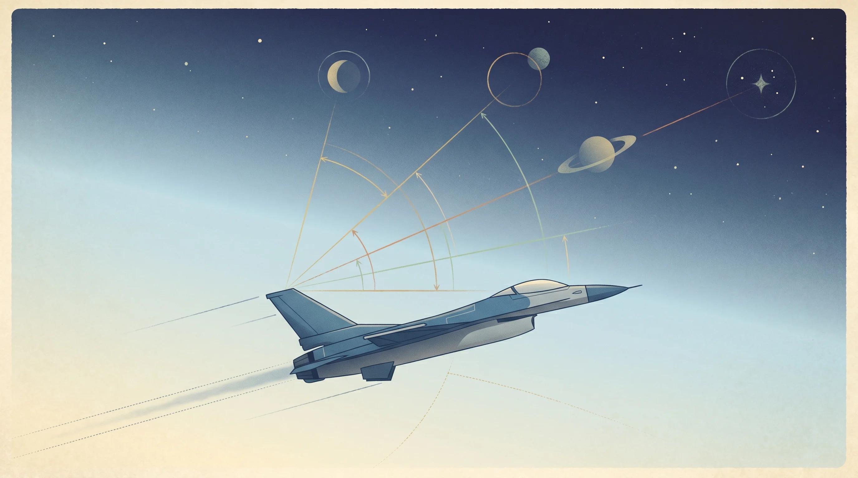 Digital illustration for article section "From Deep Space to the Battlefield" in "Rhea Space Activity Raises $6M Series A for GPS-Alternative Tech" - A sleek, modern fighter jet banking smoothly through a vast, serene sky that conceptually transition...