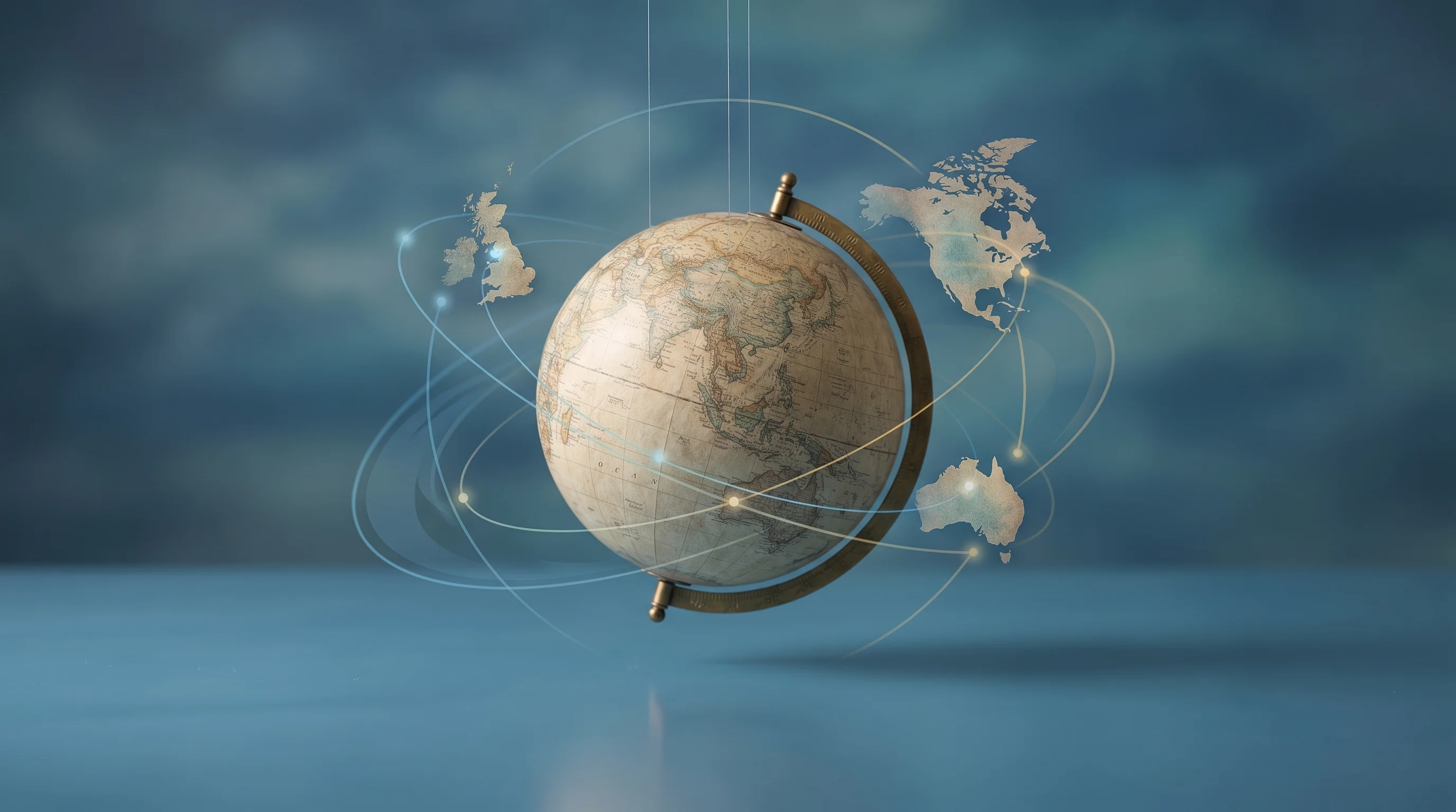 Digital illustration for article section "Allied Expansion and Government Contracts" in "Rhea Space Activity Raises $6M Series A for GPS-Alternative Tech" - A conceptual and minimalist representation of international allied expansion and government contract...