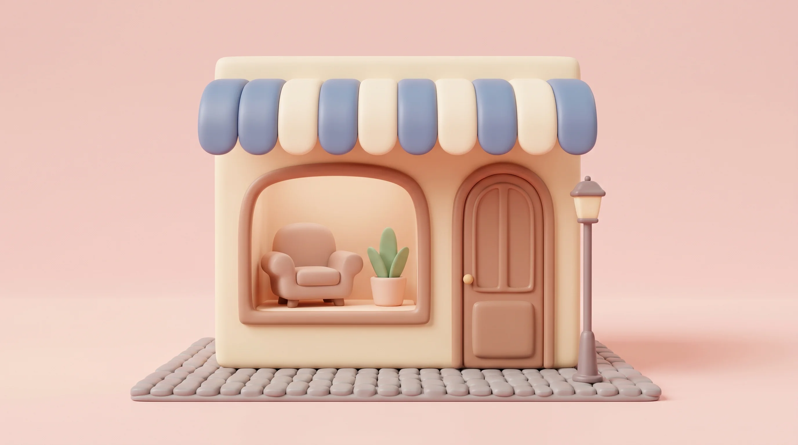 Digital illustration for article section "The Walk-In Bet" in "Mirabelle Lands €6M Seed to Launch Reverse Mortgage Platform in France" - A minimalist 3D clay illustration of a welcoming, elegant Parisian storefront representing a physica...