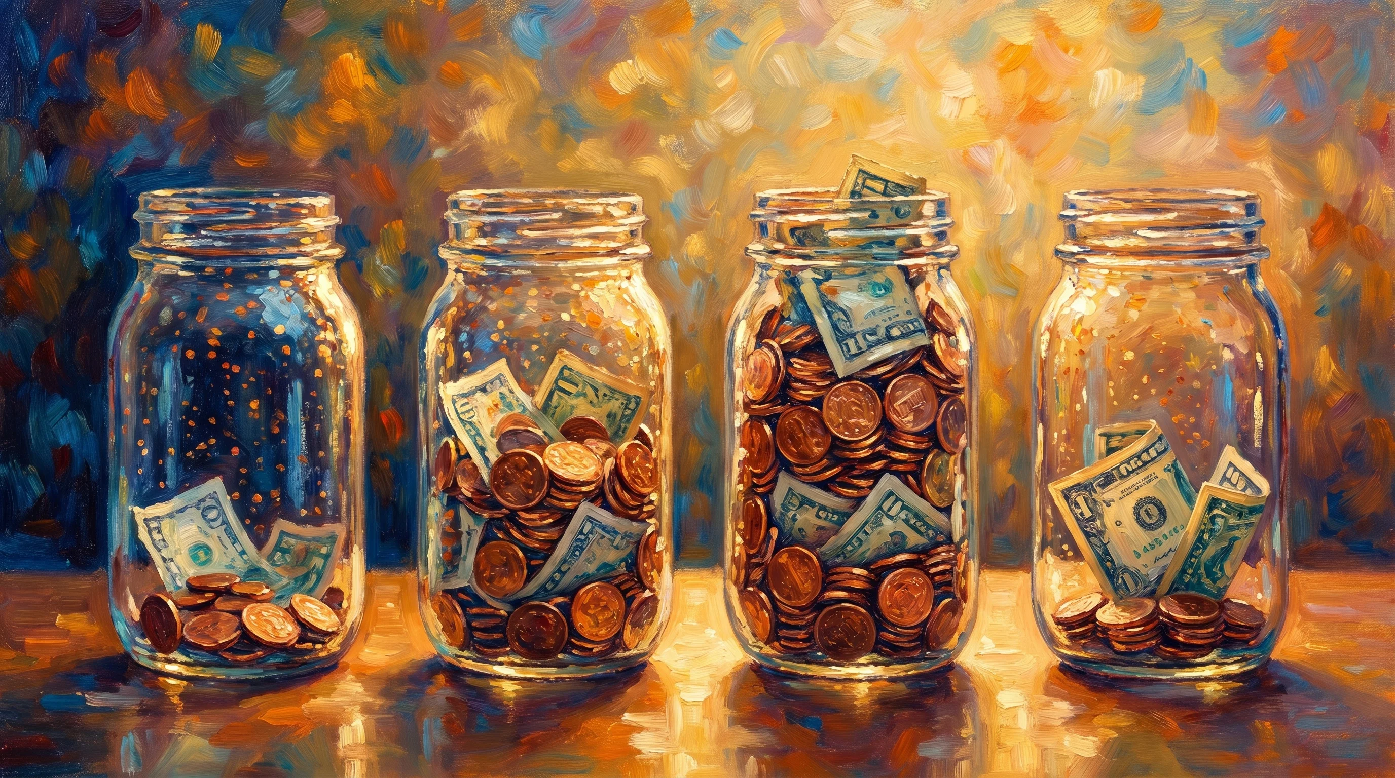 Digital illustration for article section "Four Kids, Four Patterns" in "4 Money Maps Launches Financial Literacy Series for Kids Ages 7-11" - A clean, minimal conceptual composition featuring four distinct, elegant glass savings jars lined up...