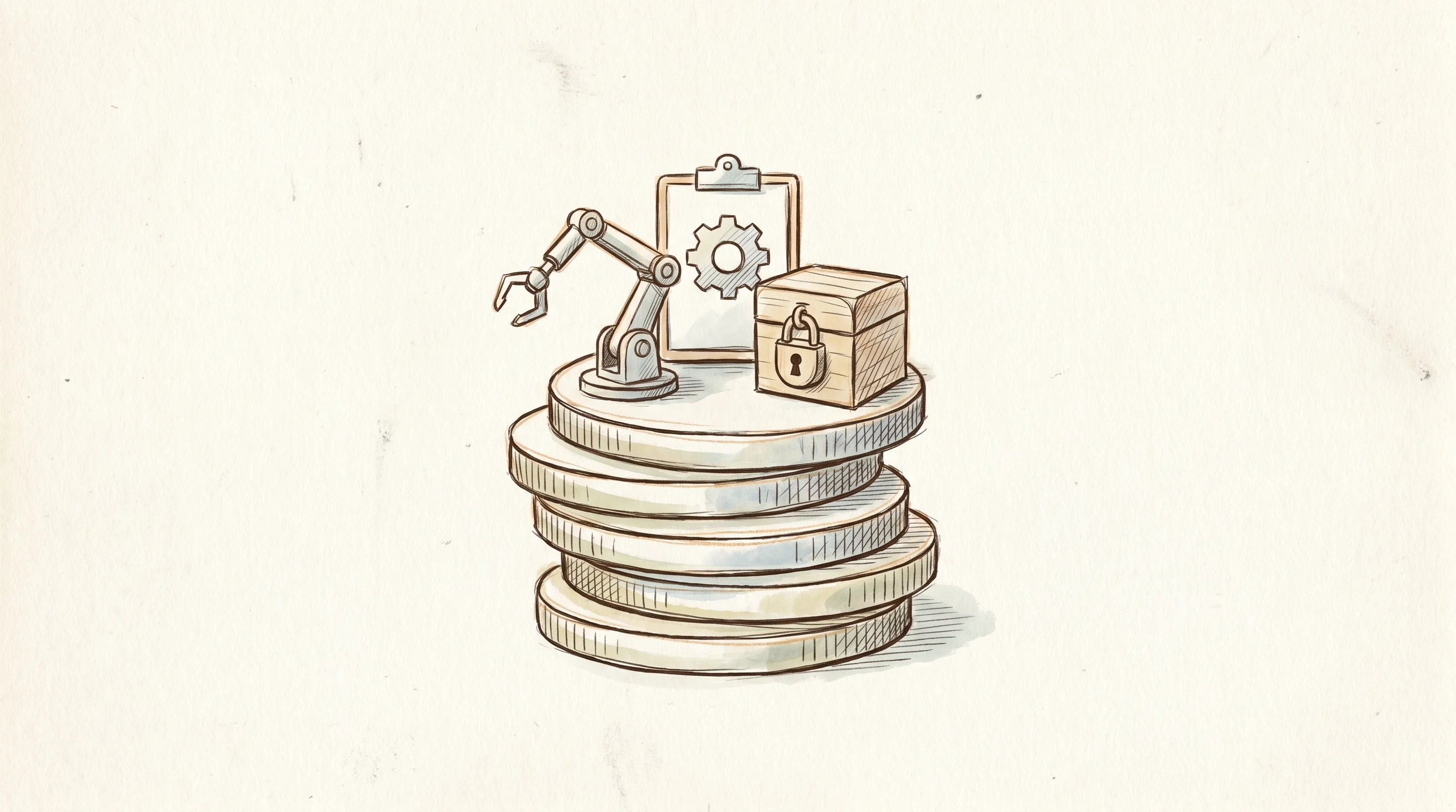 Digital illustration for article section "Where the Money's Going" in "OpenAI Alumni Launch $100M VC Fund for 'Post-AGI' Startups" - A minimalist, conceptual illustration of three distinct objects resting on a subtle stack of stylize...