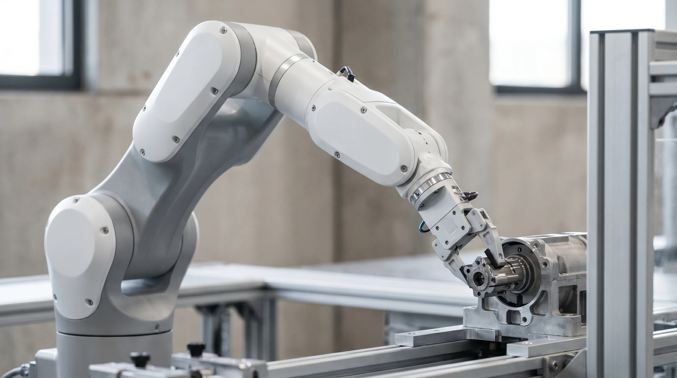 Digital illustration for article section "Decoding "Post-AGI"" in "OpenAI Alumni Launch $100M VC Fund for 'Post-AGI' Startups" - Generate a realistic image of a simple, modern robotic arm performing a complex task such as assembl...
