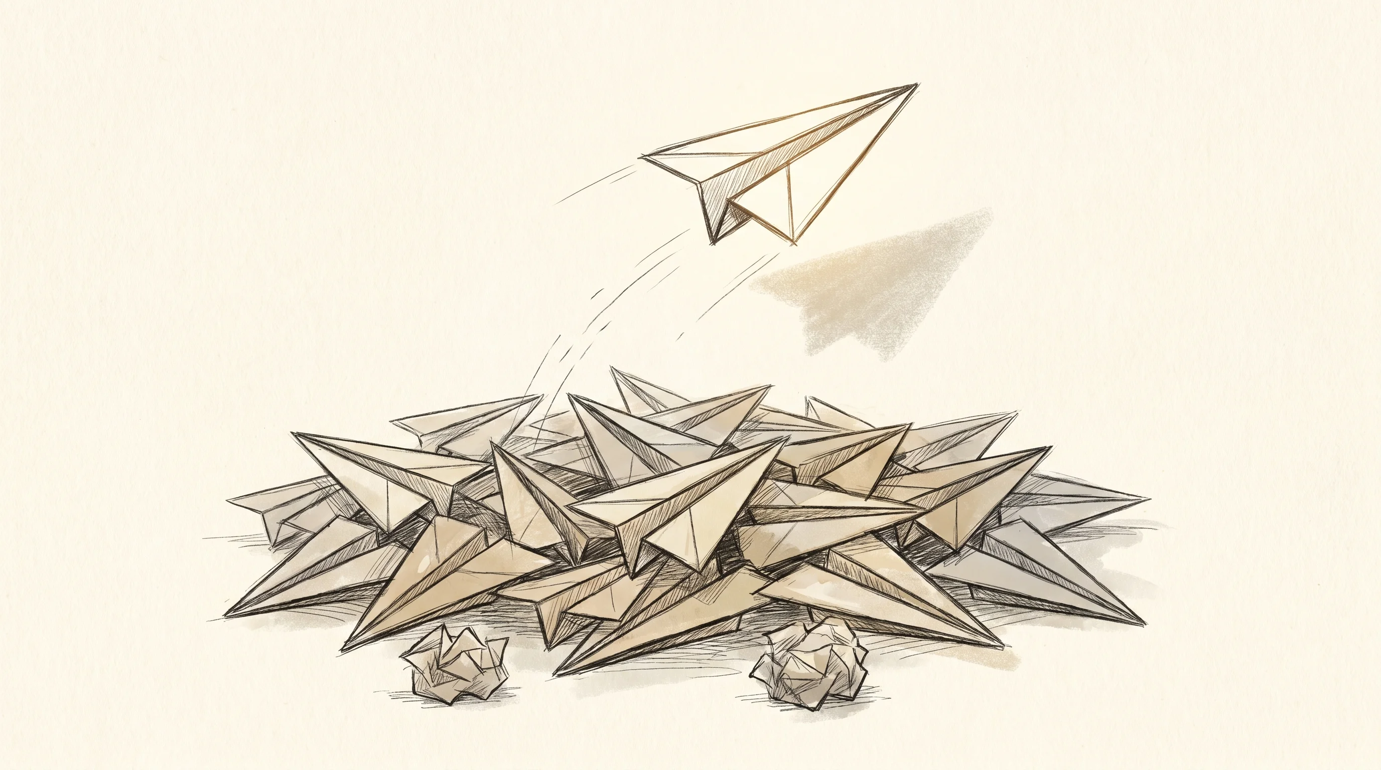 Digital illustration for article section "Proof Comes Later" in "OpenAI Alumni Launch $100M VC Fund for 'Post-AGI' Startups" - A conceptual illustration of a single, sharply folded, distinct paper airplane soaring upward and br...