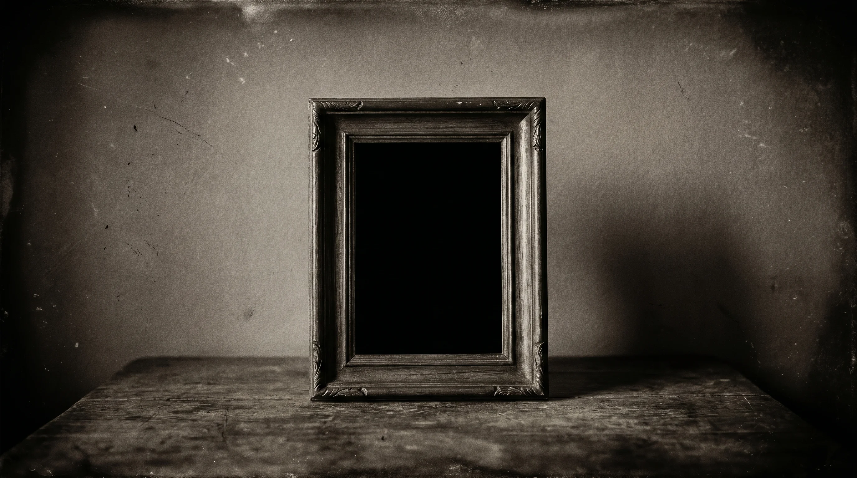 Digital illustration for article section "Stealth Mode, More or Less" in "Pairwise Targets Startup Hiring with AI Decision Layer" - A minimalist, conceptual still life of a single, empty antique picture frame standing upright on a b...