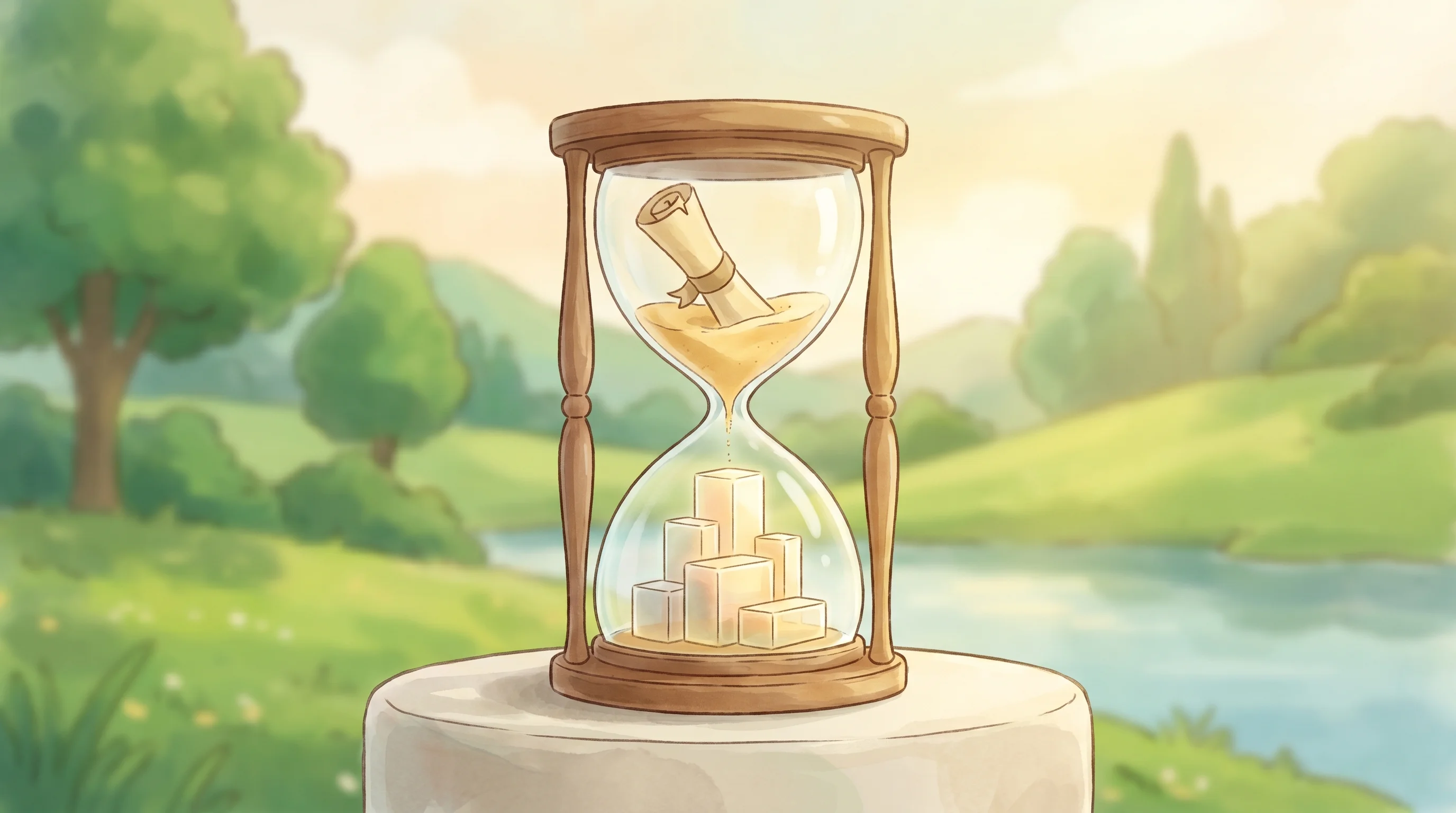 Digital illustration for article section "Timing Is (Almost) Everything" in "Signit Secures $15M Series A for Arabic-First Contract Platform" - A serene, conceptual illustration representing the modernization of legal infrastructure over time, ...