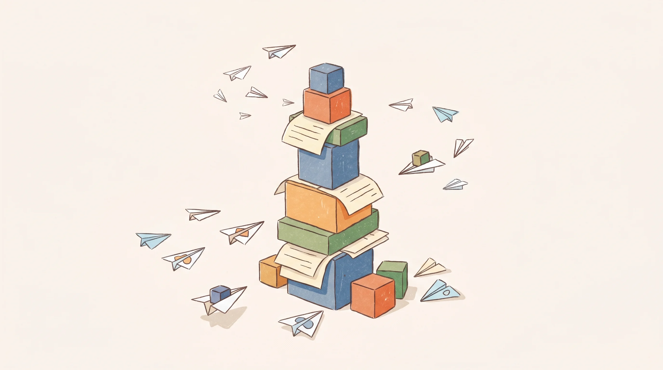 Digital illustration for article section "The Risks Scale with Autonomy" in "Kimi K2.6 Takes On GPT-5 with 300-Agent Coding Swarms" - A clean, minimal conceptual illustration of a towering, slightly precarious stack of colorful geomet...