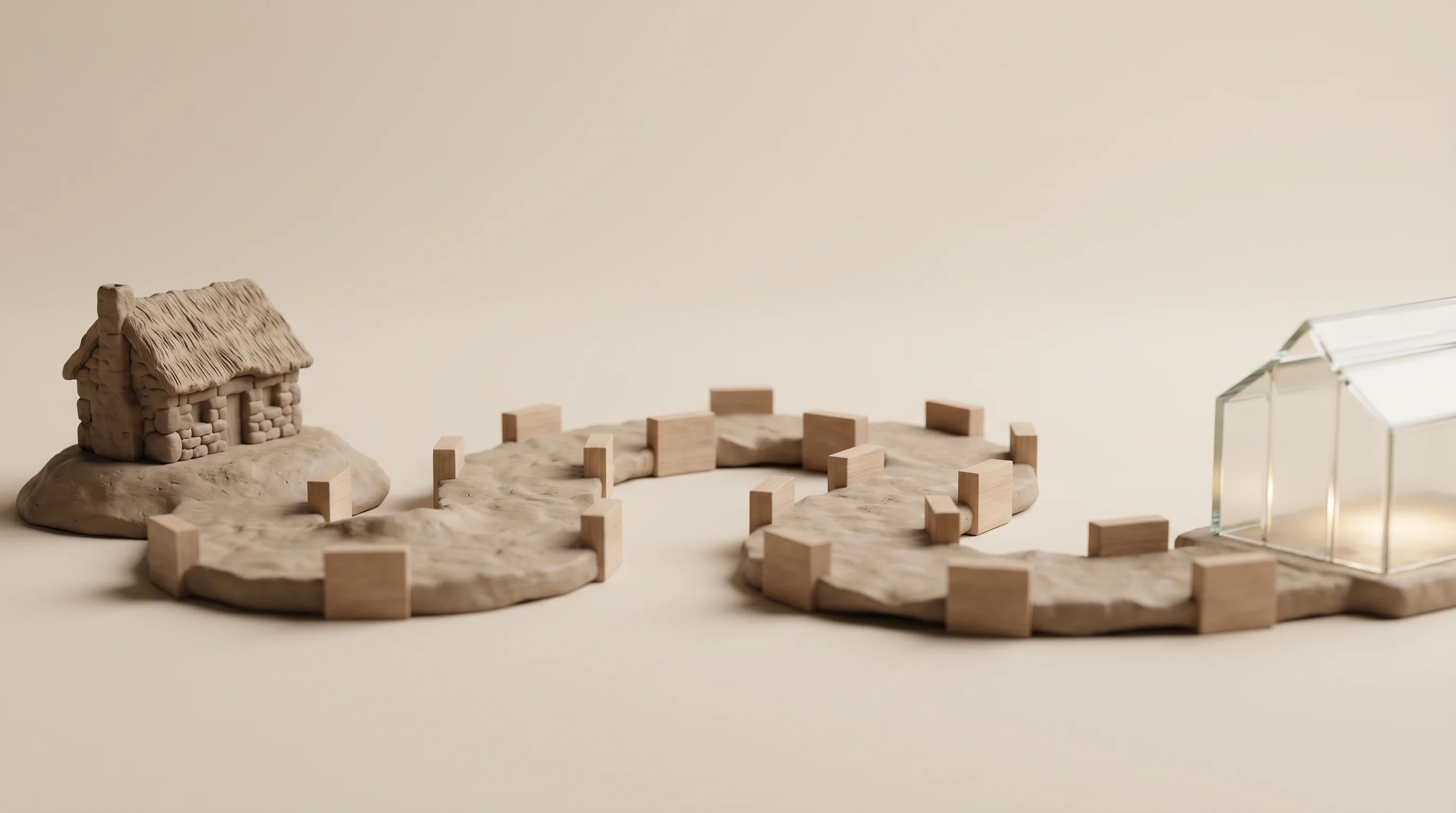 Digital illustration for article section "A Circuitous Route to Silicon Valley" in "22-Year-Old Founder Raises $15M From Benchmark for 'Mutual Friend' AI" - A minimalist 3D miniature diorama representing a circuitous career journey, featuring a winding, non...