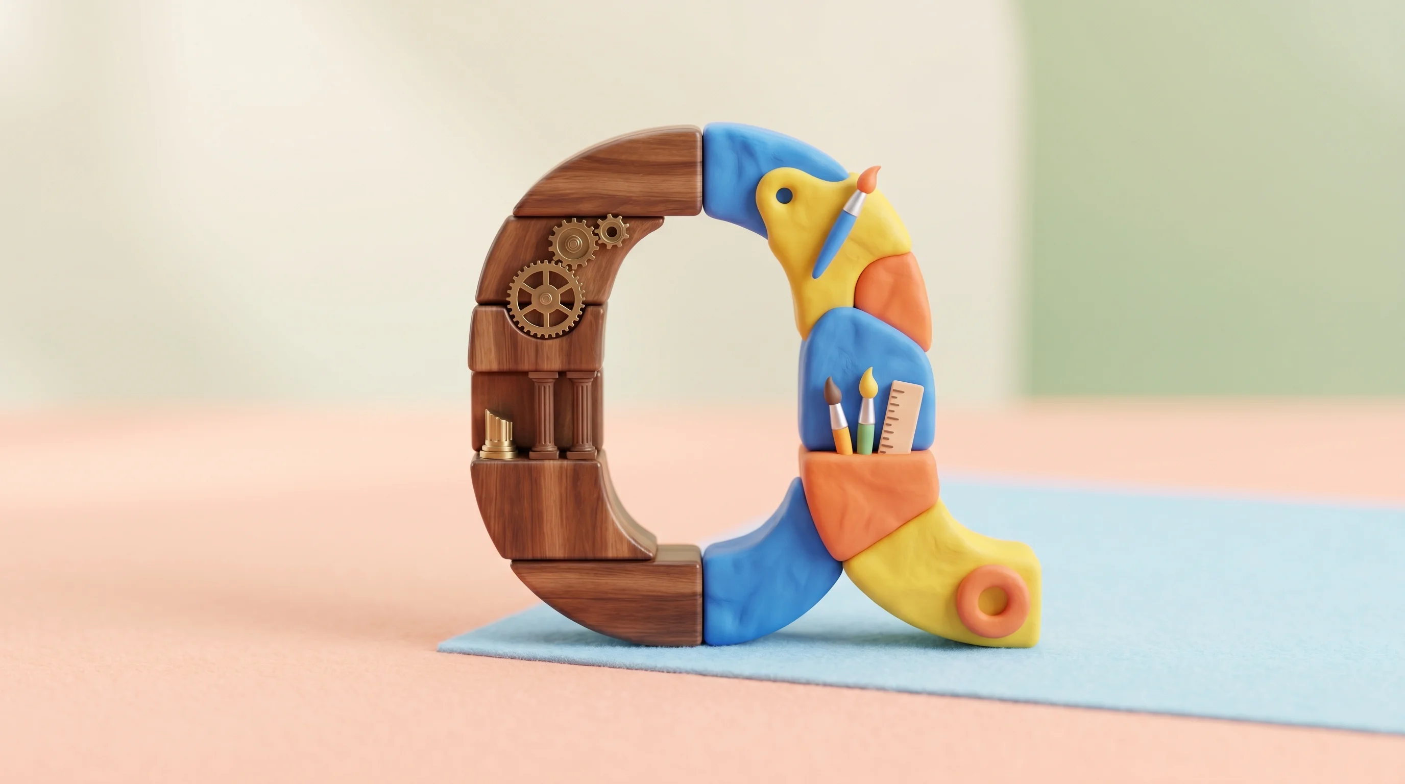 Digital illustration for article section "Hiring for "U-Shaped" Talent" in "22-Year-Old Founder Raises $15M From Benchmark for 'Mutual Friend' AI" - A minimalist, conceptual 3D miniature diorama featuring a large, elegant "U-shaped" structure restin...