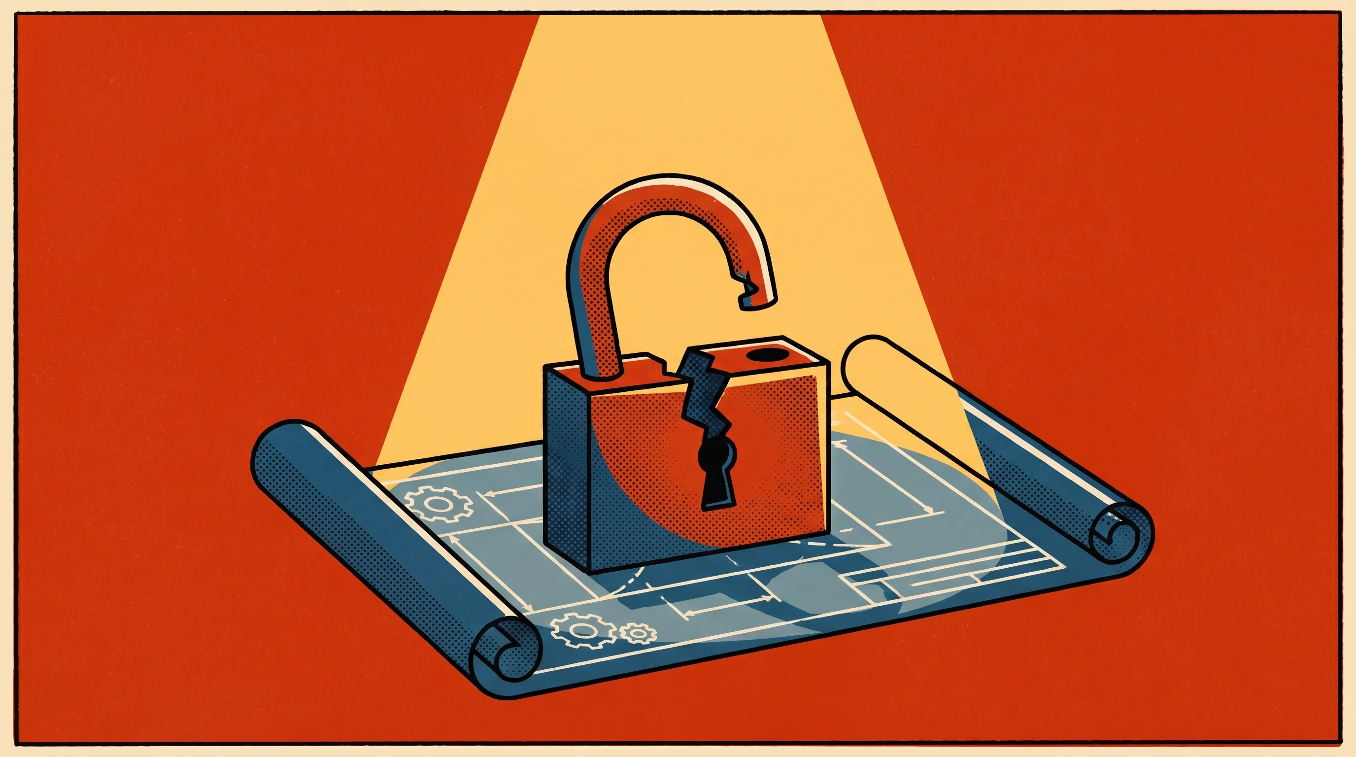 Digital illustration for article section "Security Theater or Legitimate Threat?" in "Cal.com Goes Closed-Source, Launches MIT-Licensed Cal.diy Fork" - A minimalist, conceptual illustration of a heavy, shattered padlock resting on a stylized, unfurled ...
