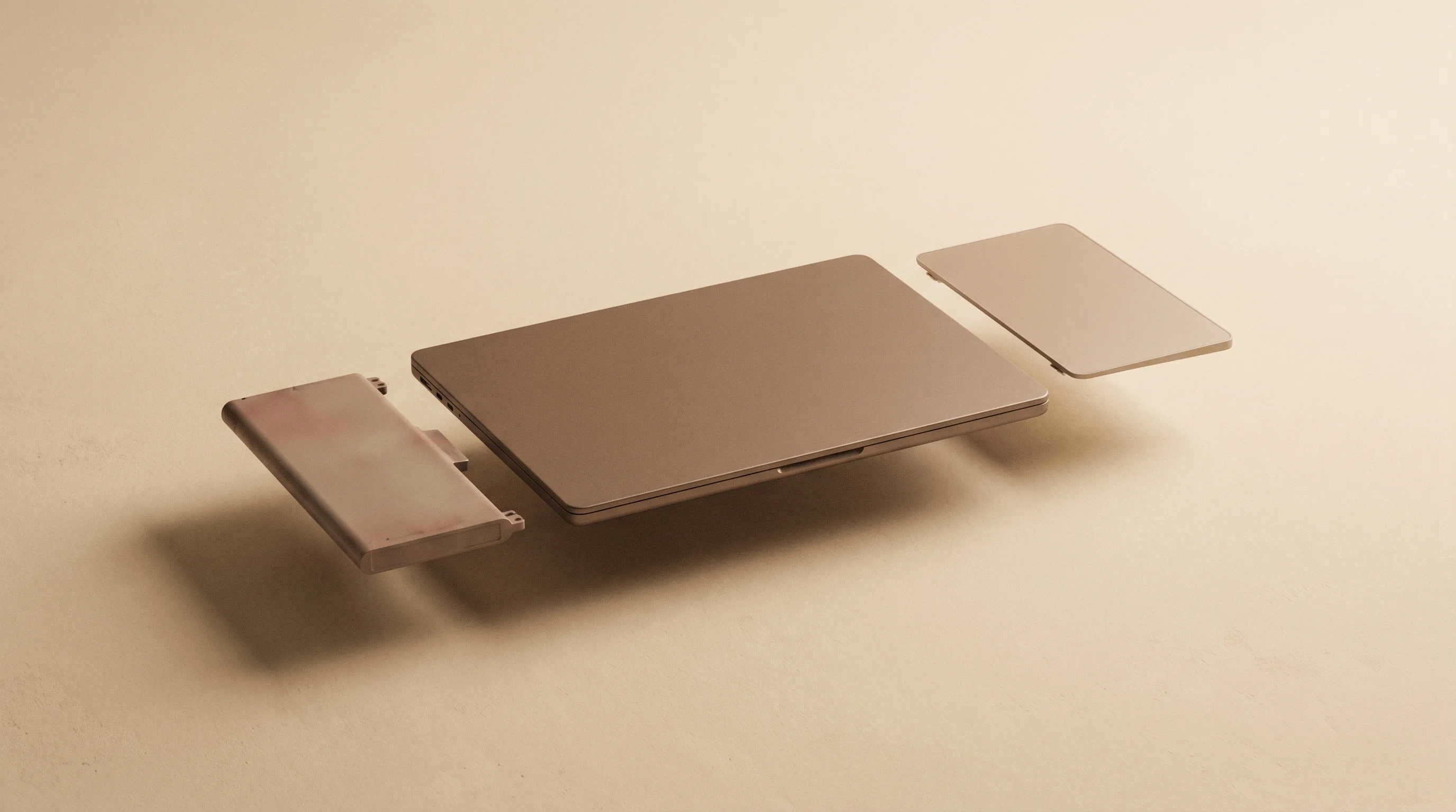 Digital illustration for article section "The Upgrade Puzzle" in "Framework Laptop 13 Pro Takes Aim at MacBook with 20-Hour Battery" - A clean, minimal, and conceptual composition illustrating the upgrade puzzle of a modular laptop, fe...