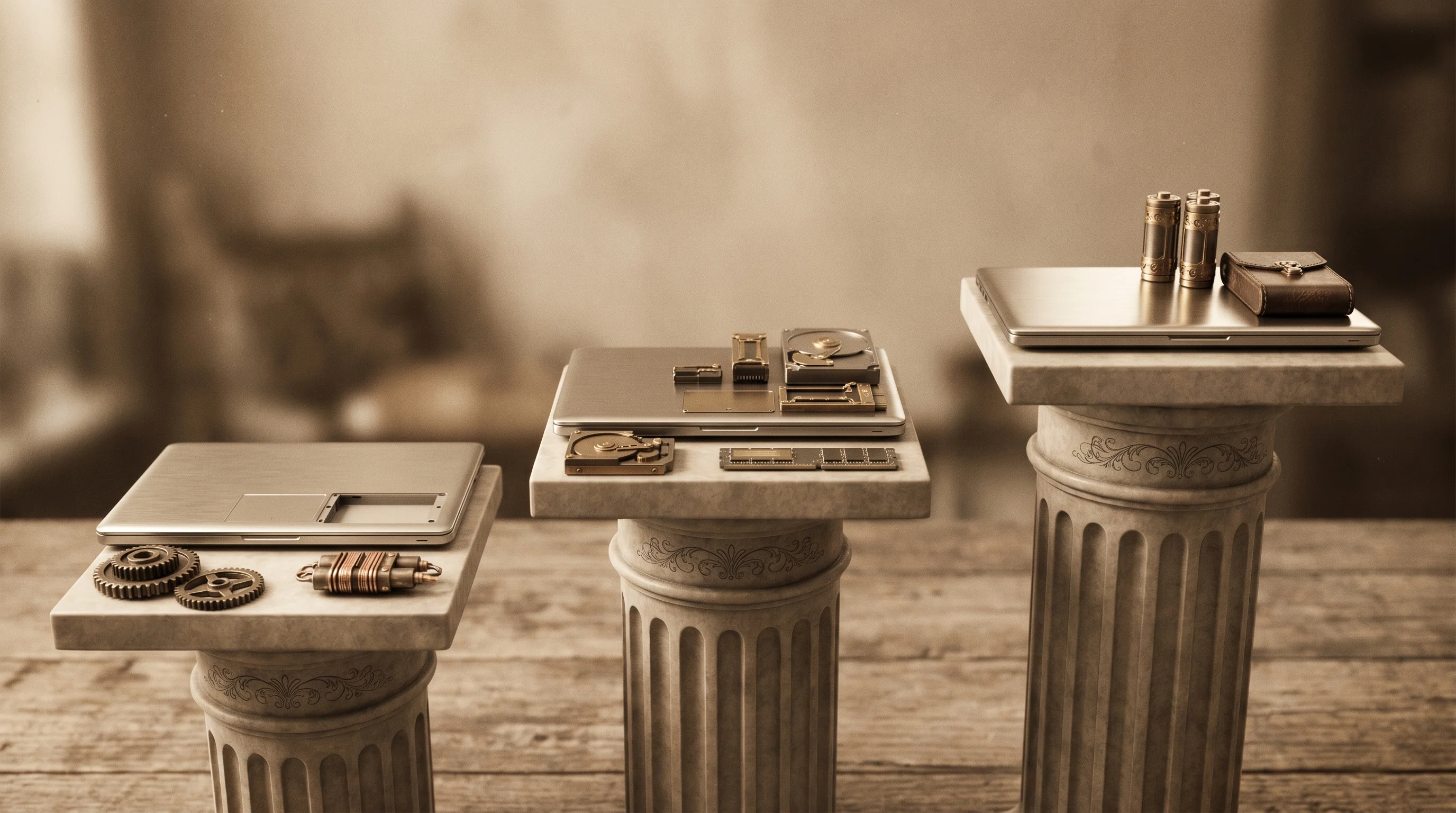 Digital illustration for article section "Pricing Across Tiers" in "Framework Laptop 13 Pro Takes Aim at MacBook with 20-Hour Battery" - A clean, minimalist conceptual still life representing tiered laptop configurations and pricing, fea...