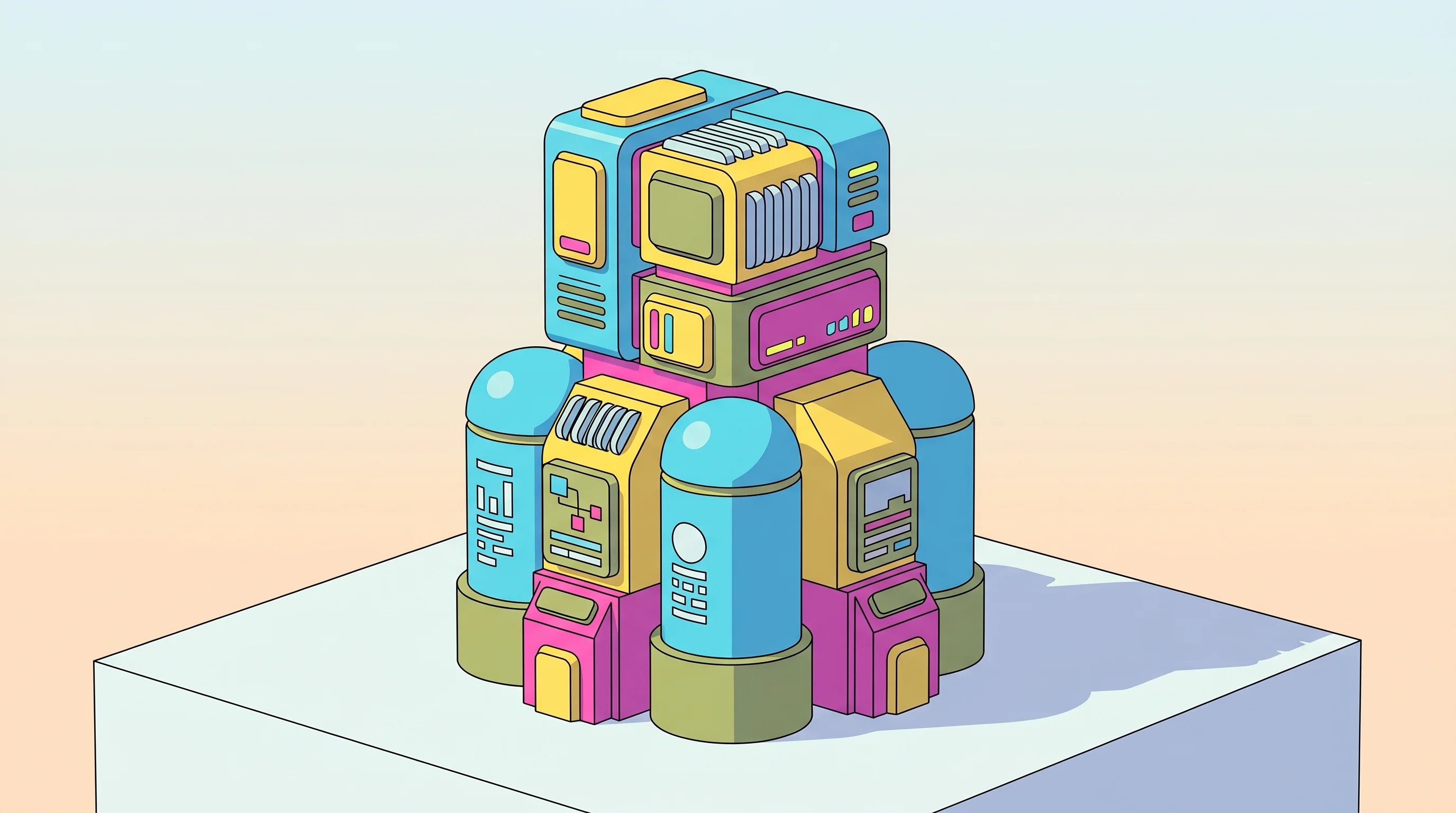 Digital illustration for article section "Real Projects, Real Ledgers" in "The $21 Startup: How AI and Free Tools Revolutionized Building" - A conceptual retro-futuristic illustration of a self-contained, modular architectural structure repr...