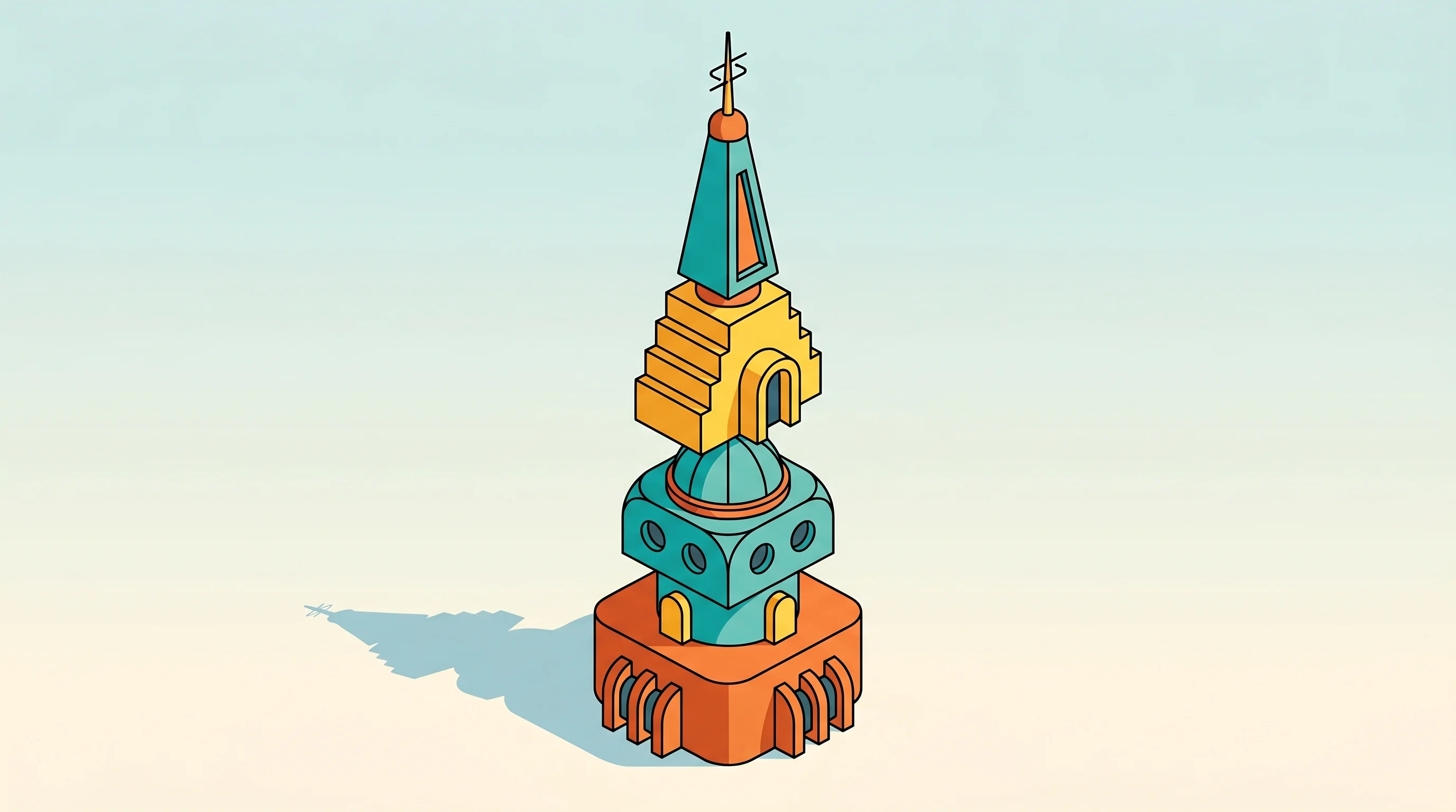 Digital illustration for article section "Anatomy of the $21 Stack" in "The $21 Startup: How AI and Free Tools Revolutionized Building" - A conceptual retro-futuristic illustration of a minimalist vertical stack of four distinct modular b...