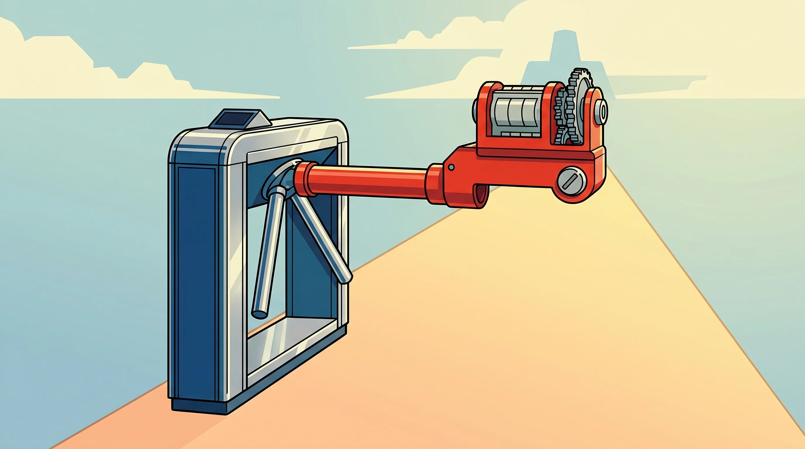 Digital illustration for article section "Where the Free Lunch Ends" in "The $21 Startup: How AI and Free Tools Revolutionized Building" - A conceptual and minimalist illustration of a sleek, retro-futuristic turnstile that has firmly lock...